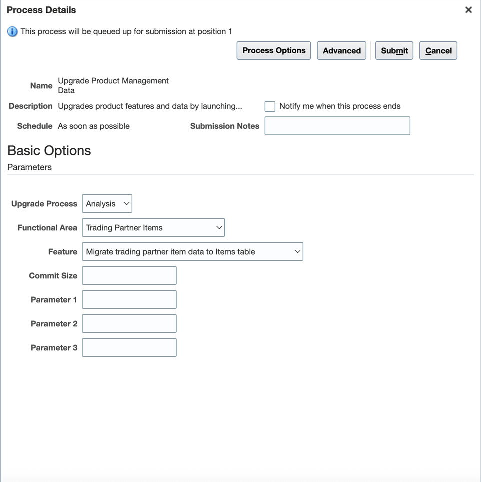Upgrade Product Management Scheduled Process Parameters