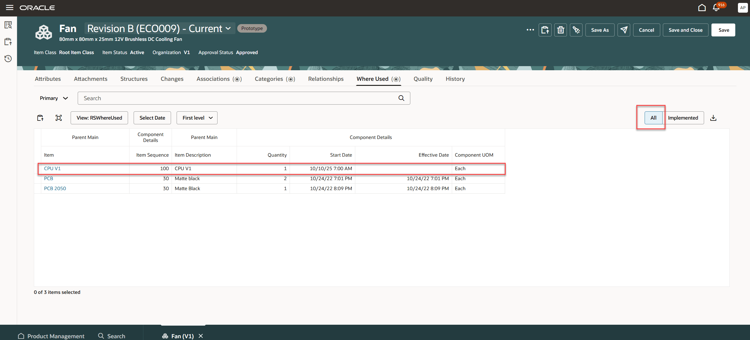 All View Shows Future Effective Parent Items