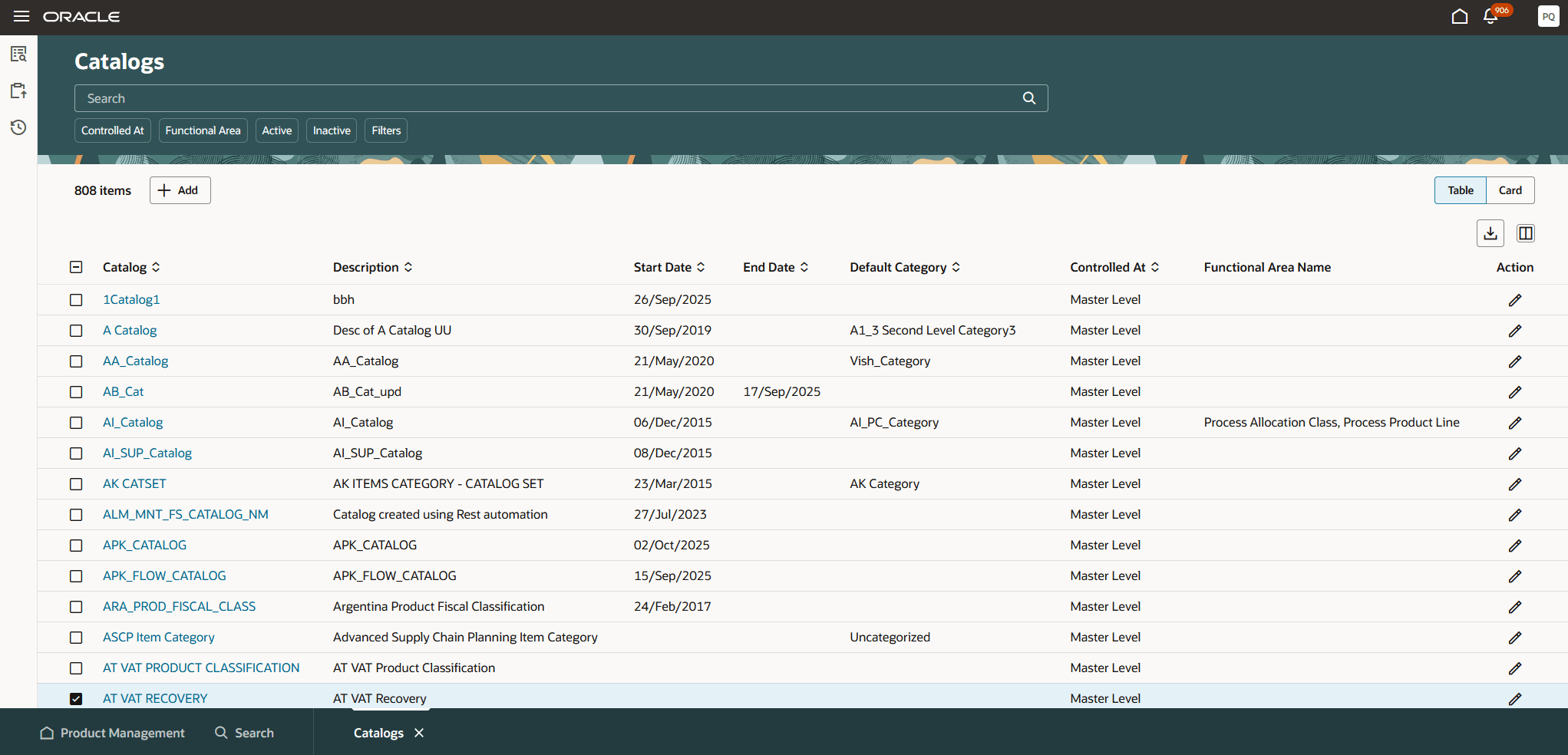 Catalogs Page - Table View