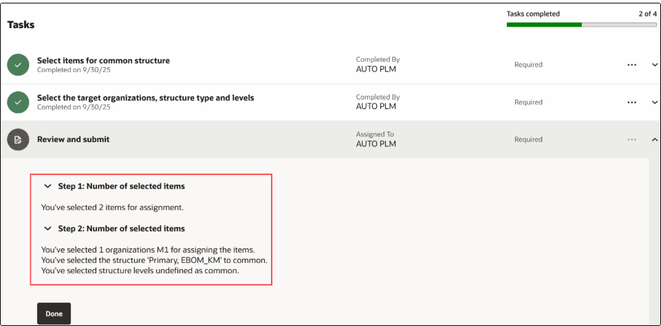 Review the selection made for common structures