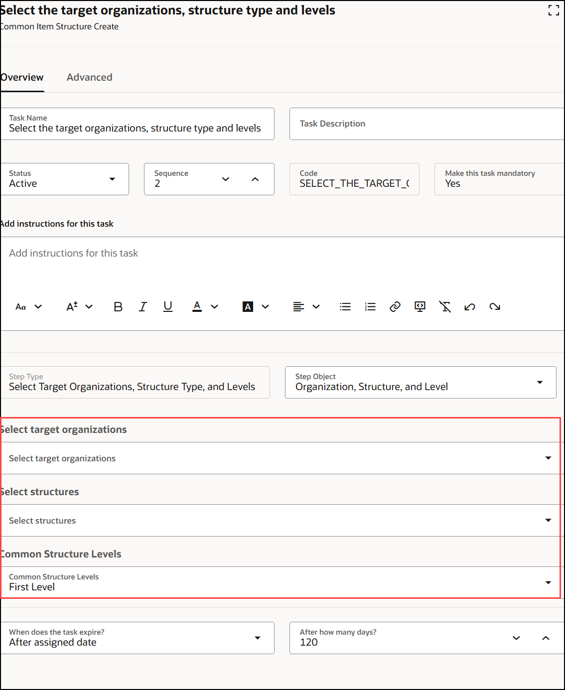 Configure Target Organization, Structure Name, and Common Levels