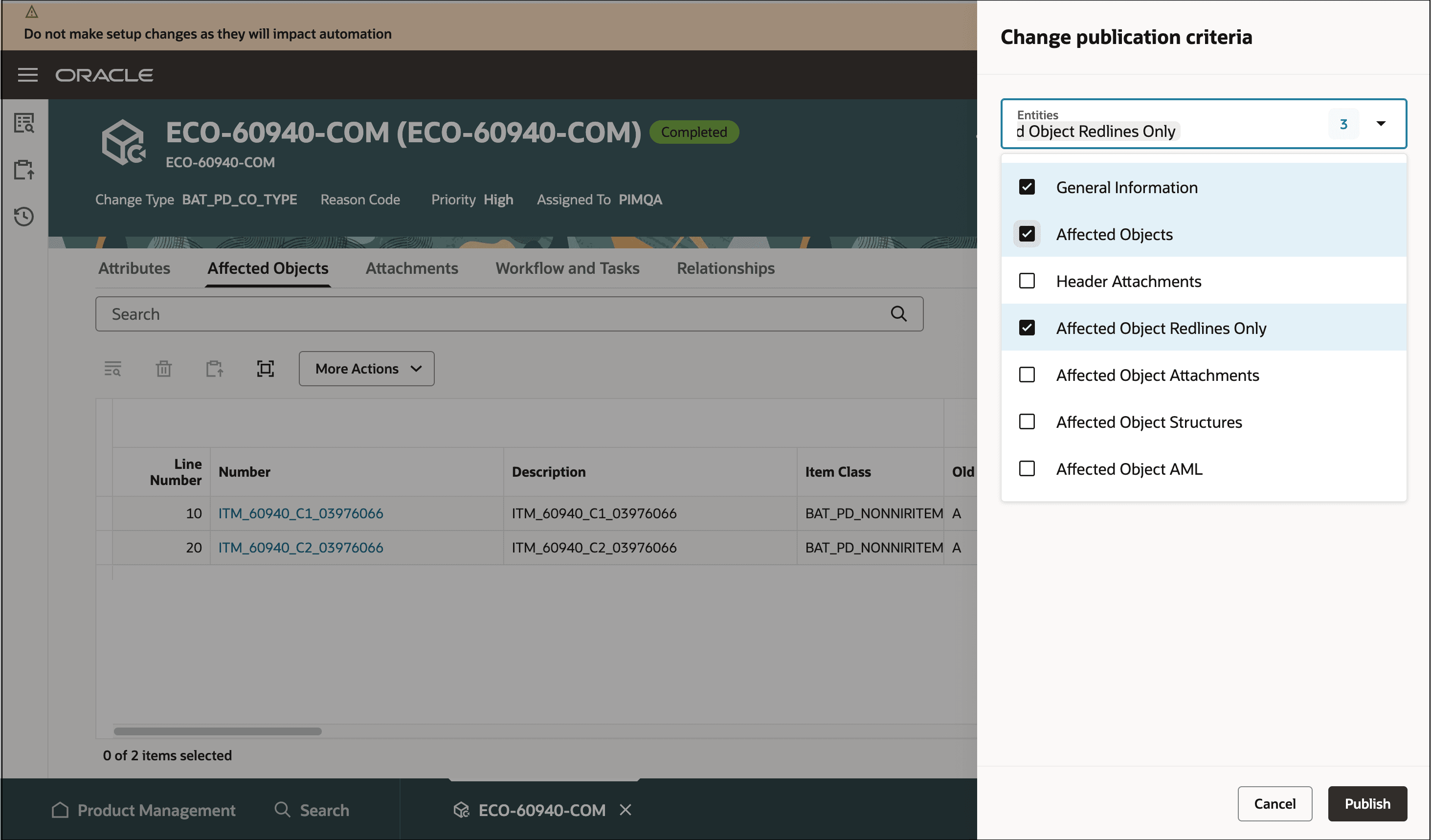 Select the Change Entities for Publishing