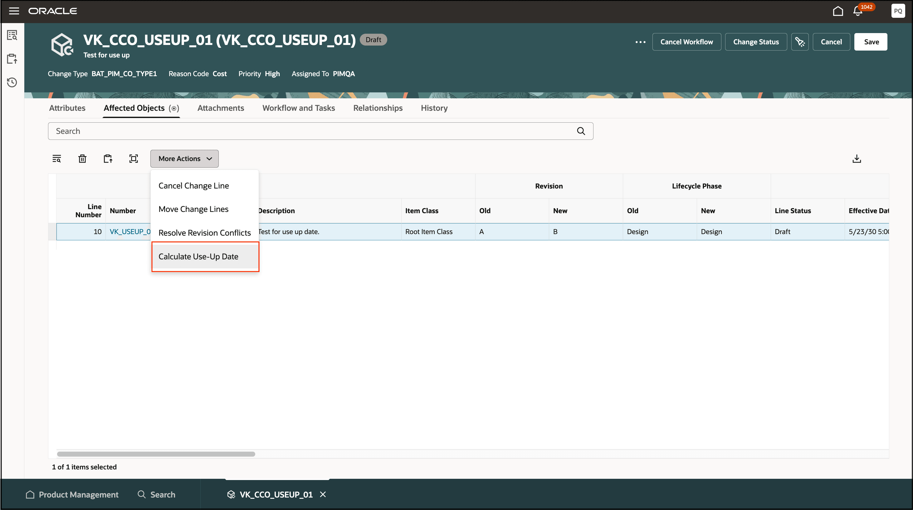 Calculate Use-Up Date Action on a Component