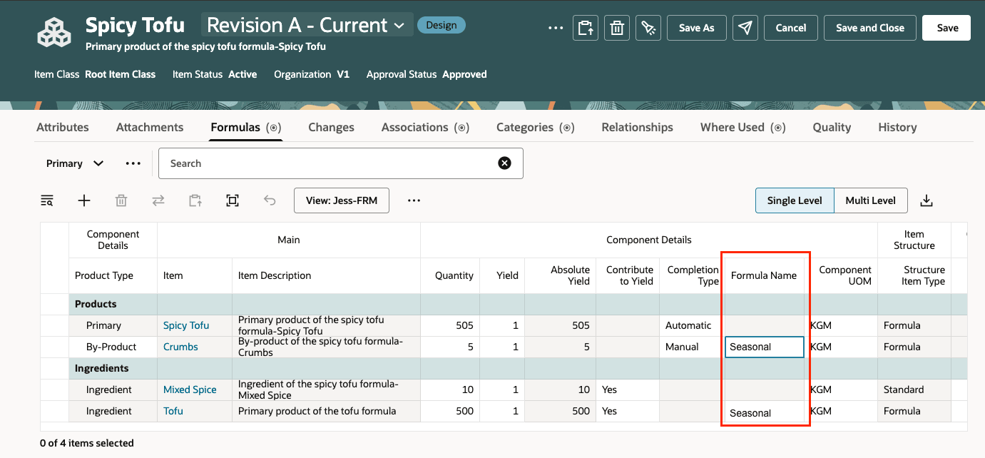 Caption: Separate Header Rows and Associating a Formula Name with a By-Product