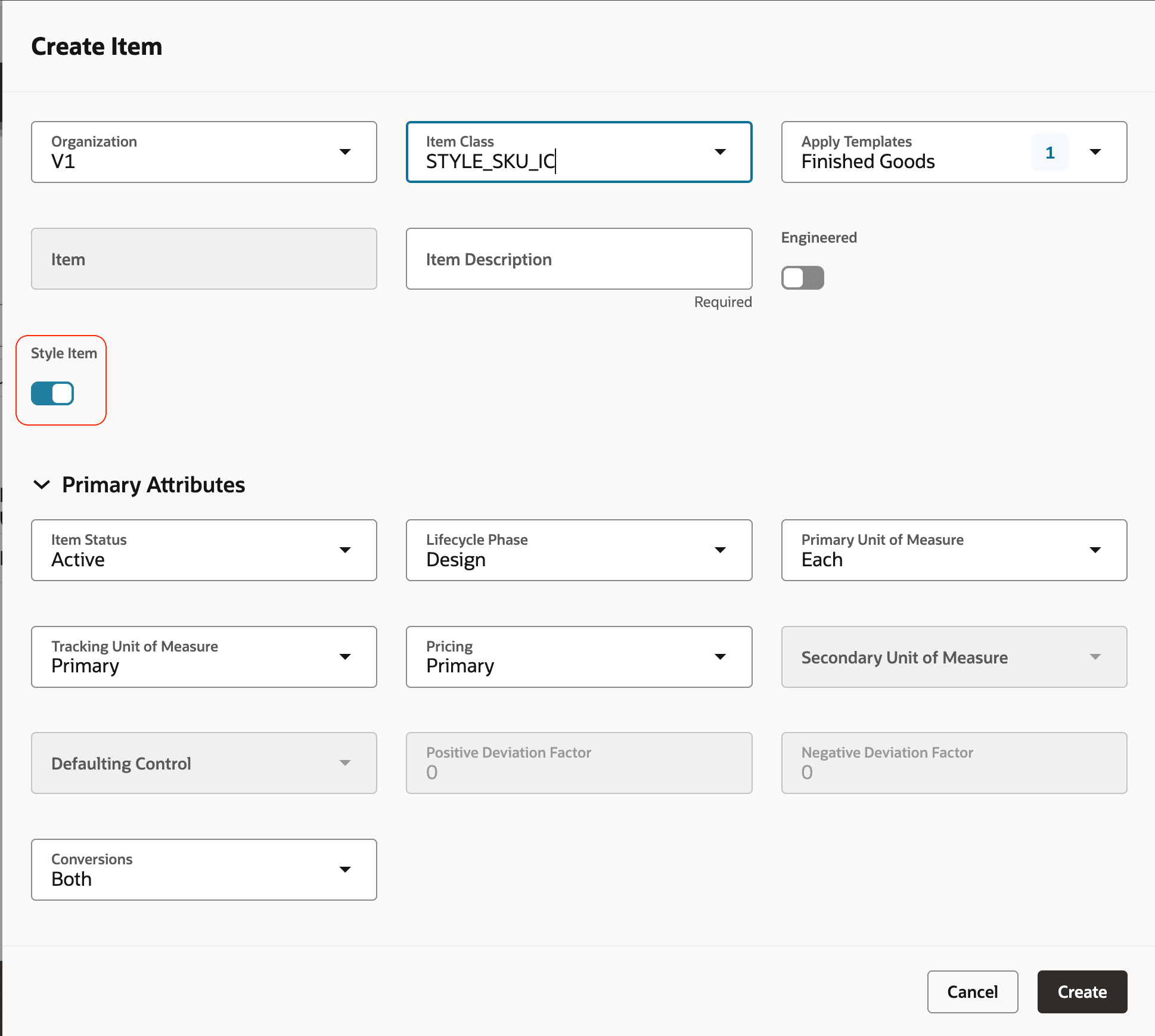 Style Item in Create Item Drawer