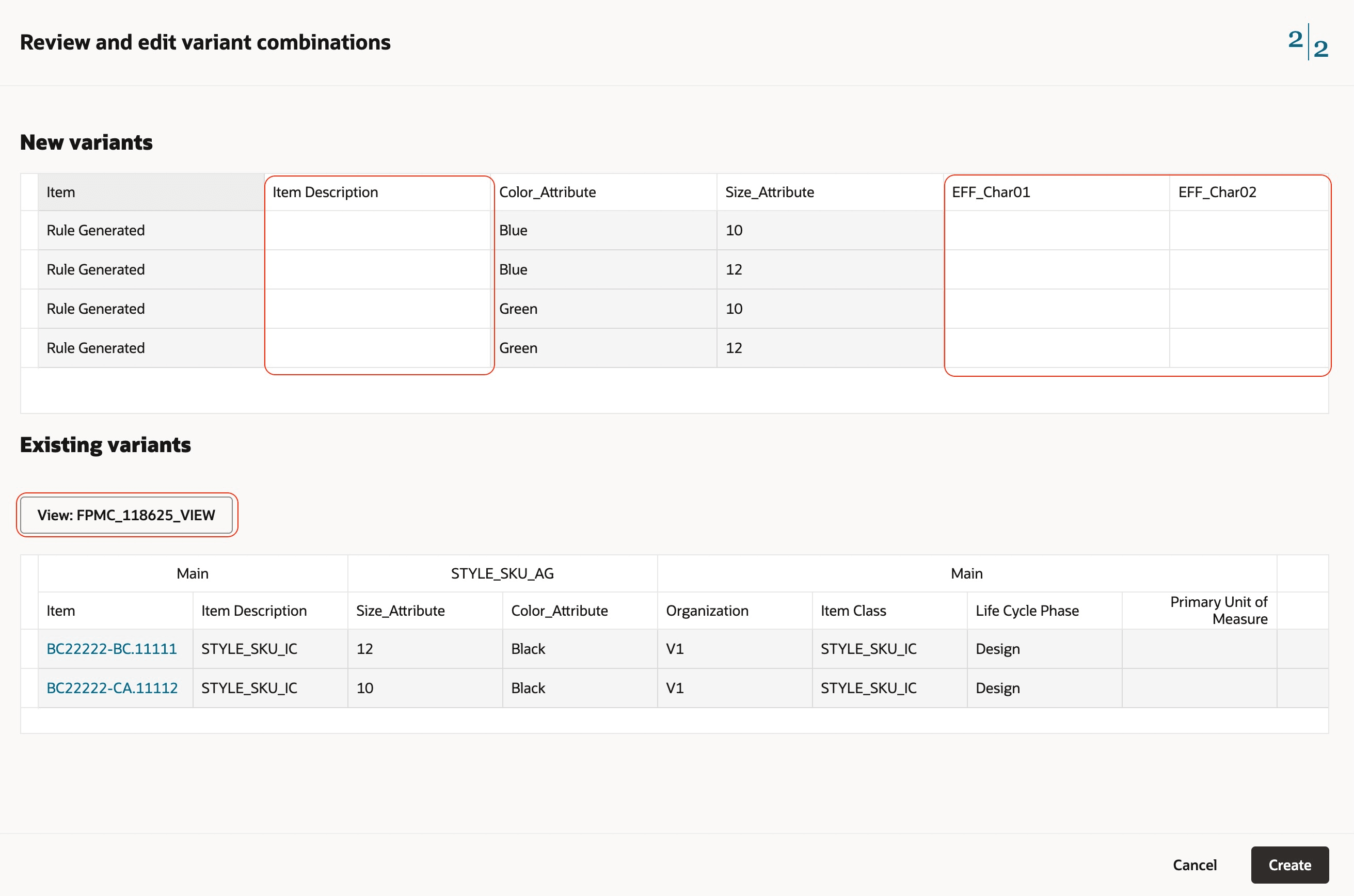 Review and Edit Variant Combinations