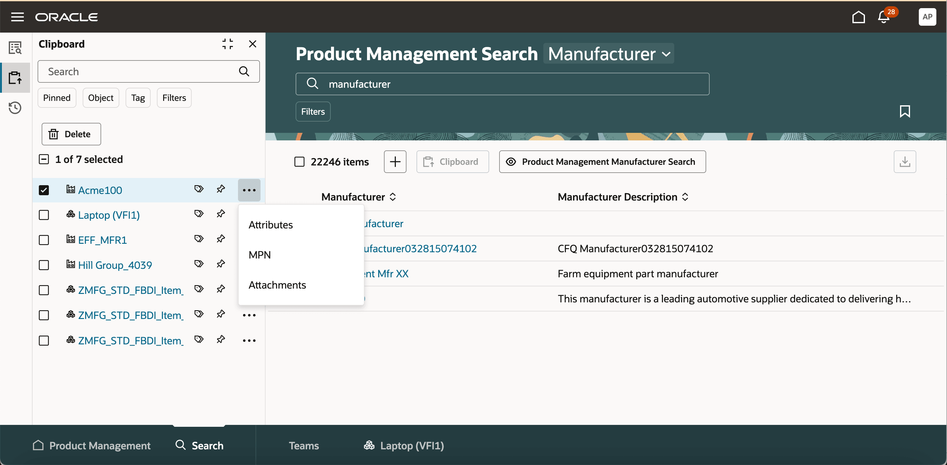 View of Manufacturer Added to Clipboard with User Access to All Tabs