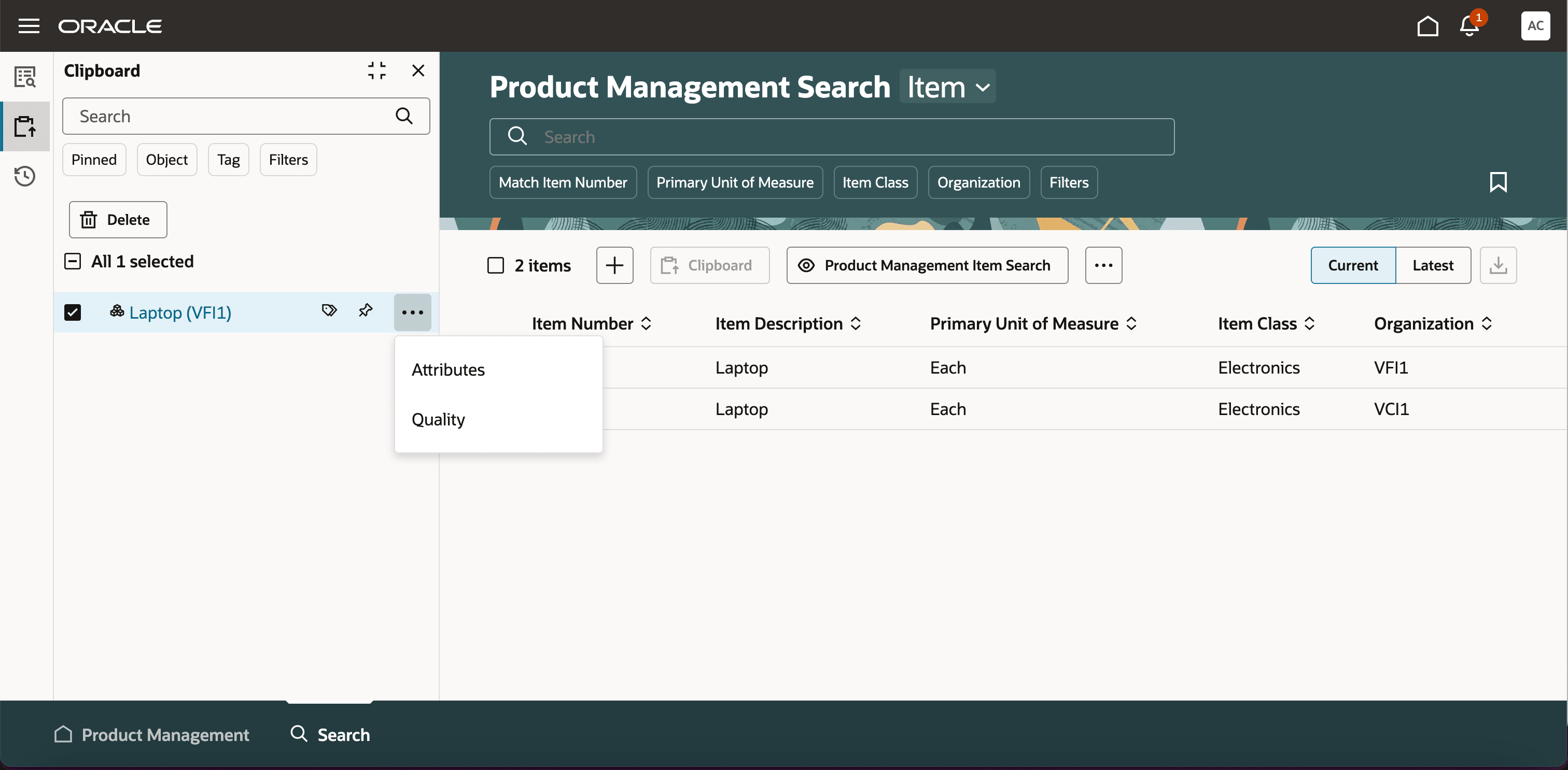 View of Item Added to Clipboard with User Access to Few Selected Tabs
