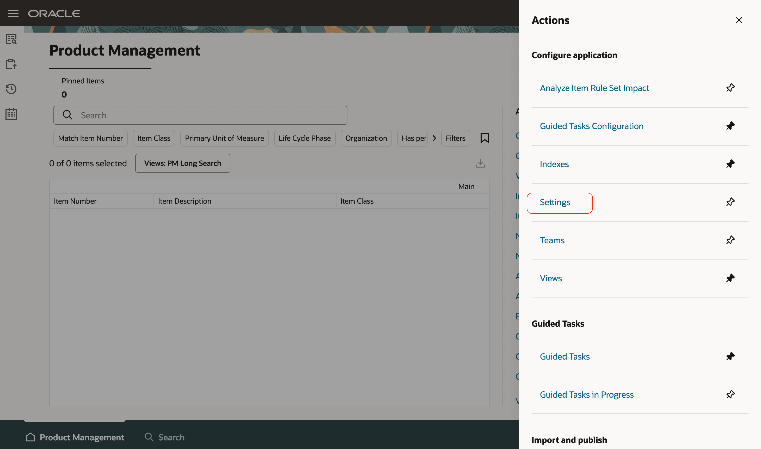 Actions Drawer – Settings