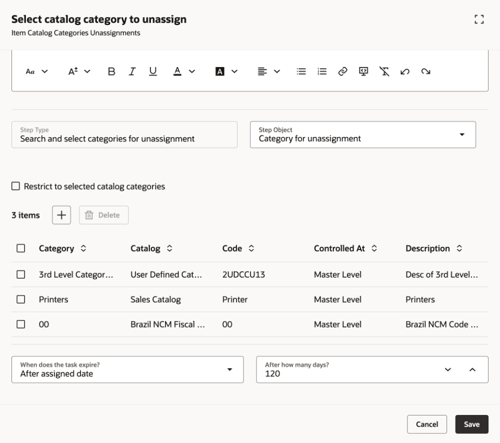 Task: Select Catalog Categories to Unassign