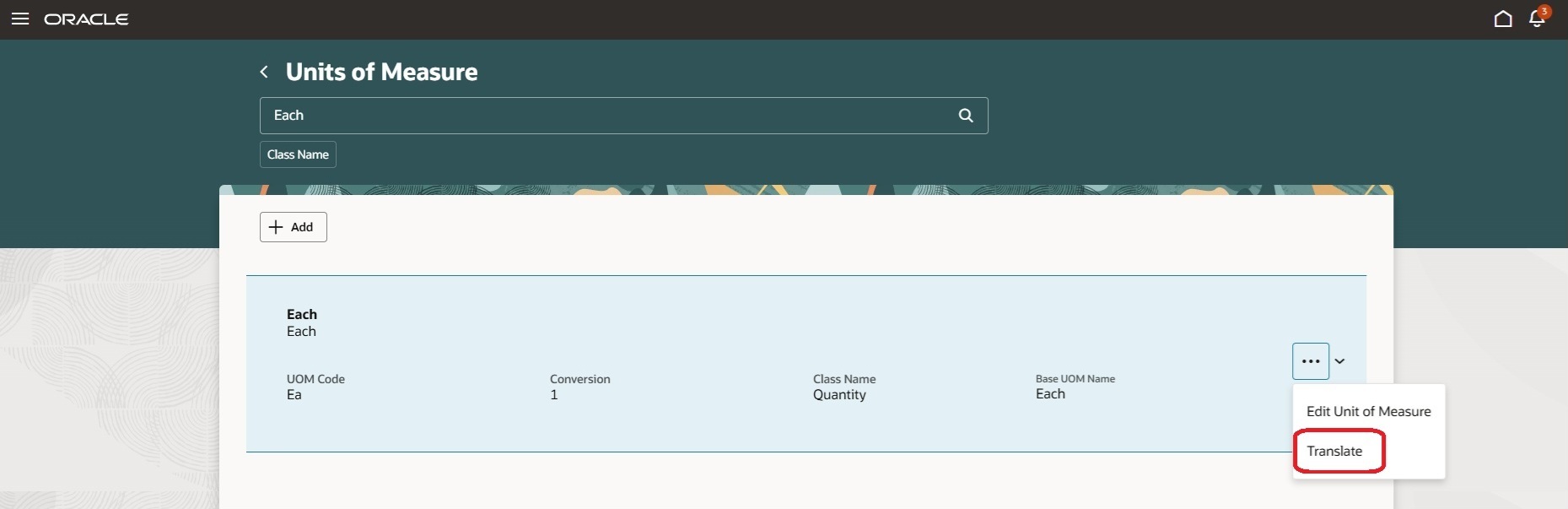 Unit of measure with the Translate action highlighted