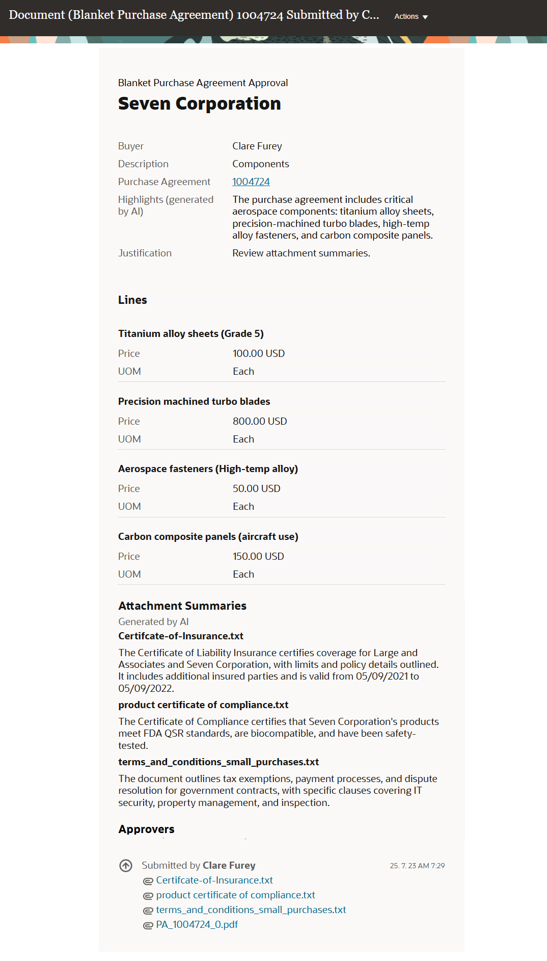 Purchase agreement approval notification