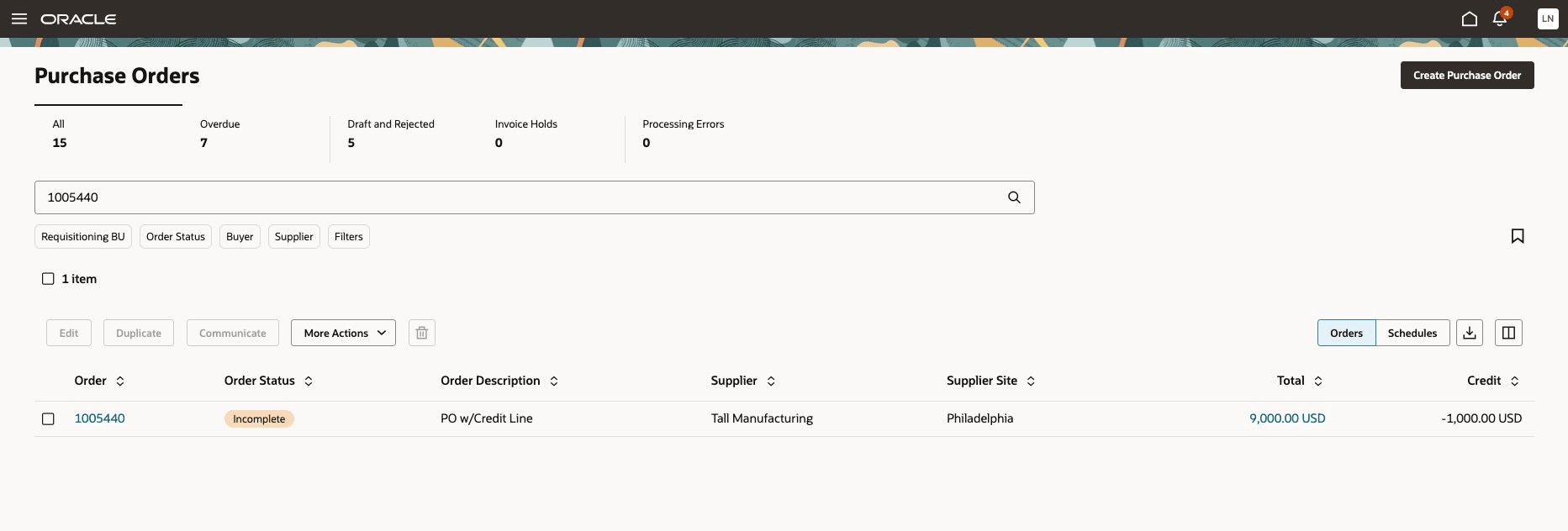 Purchase Orders Search Results Showing Credit Value
