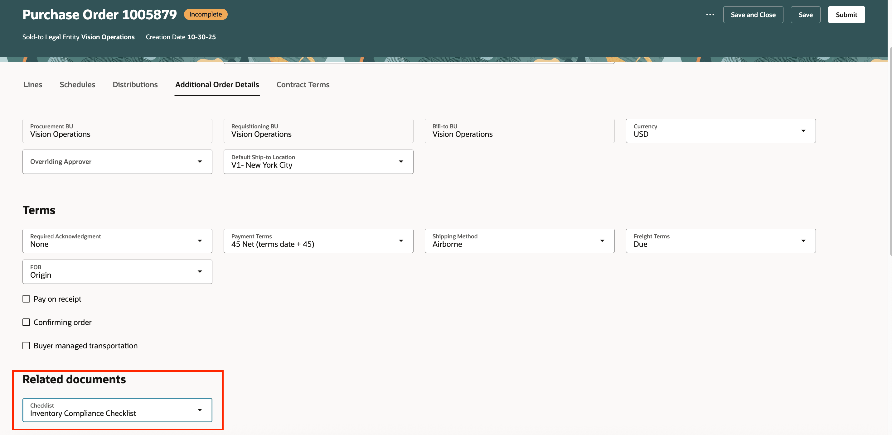 Associate a Checklist with a Purchasing Order