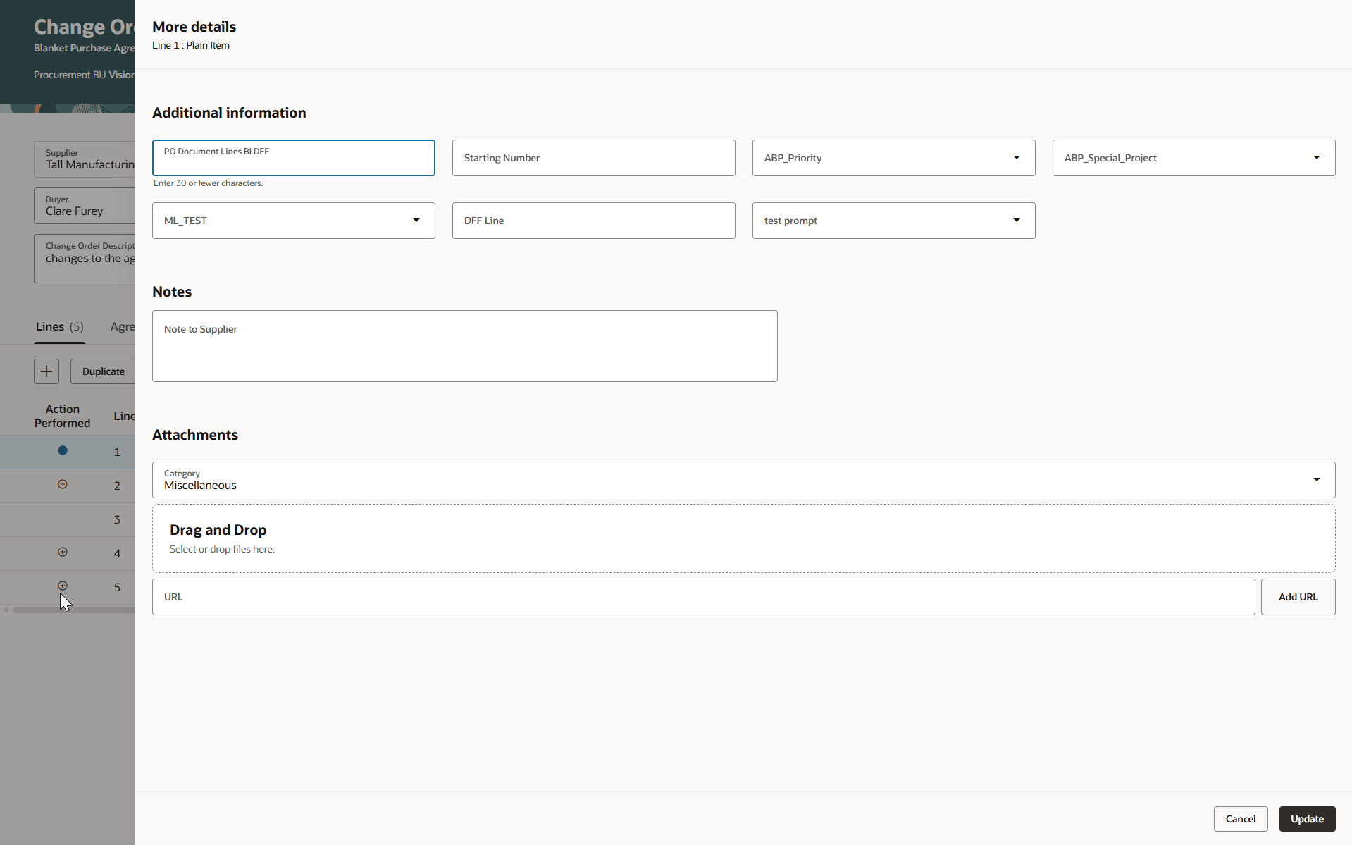 More details Drawer on the Change Order Line