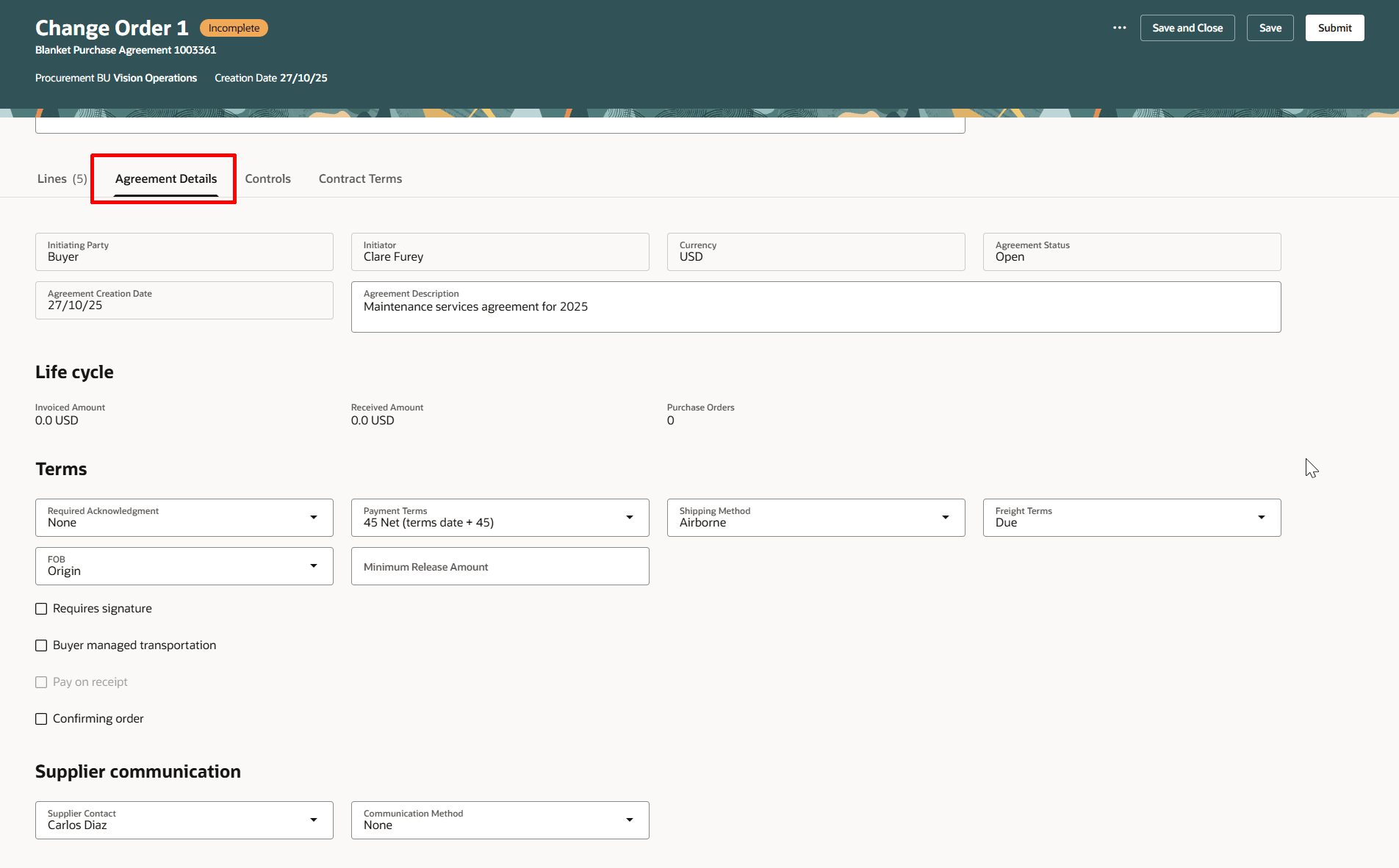 Edit Change Order Header Attributes by Navigating to the Agreement Details Tab