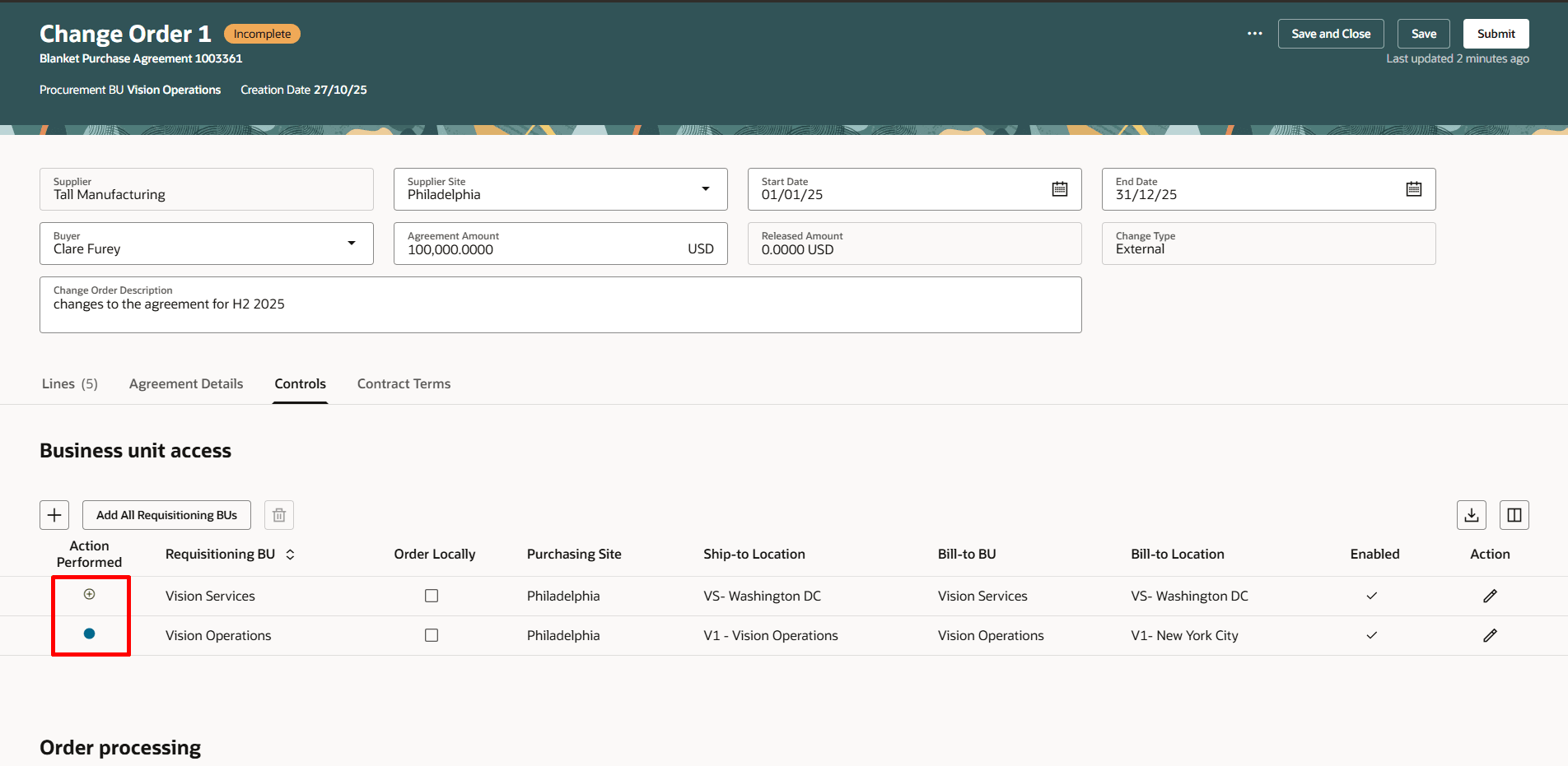 Action Performed Icons in the Business Unit Access for Change Order