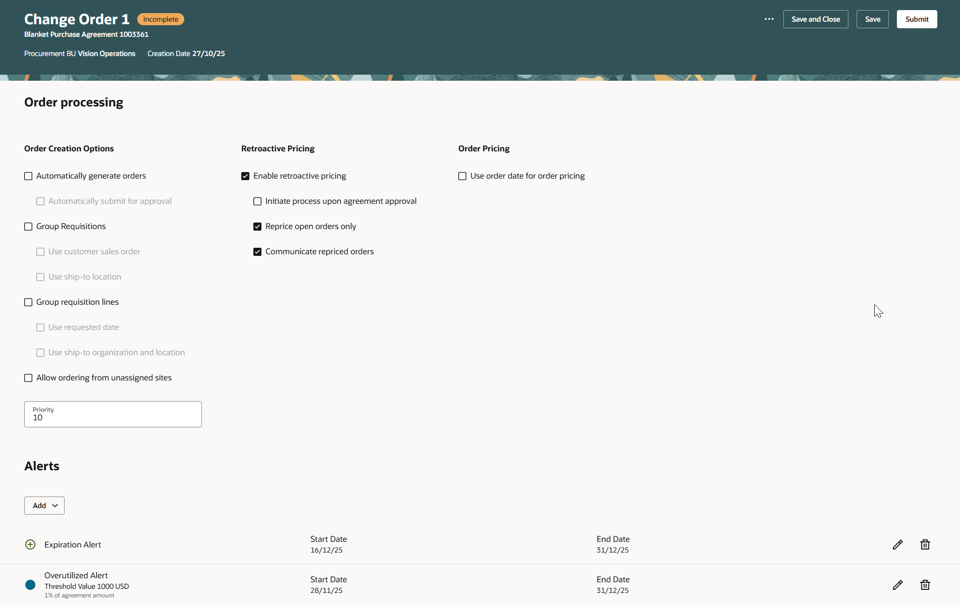 Action Performed Icons in Alerts Section of the Change Order