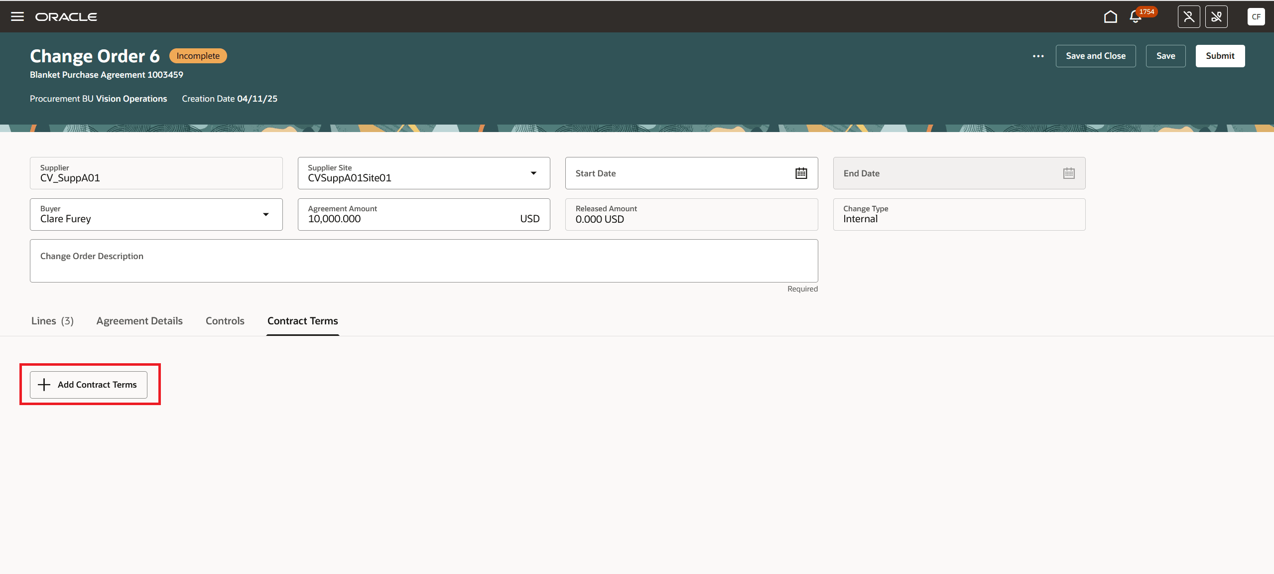 Use Add Contract Terms to Add Contract Terms in Purchase Agreement