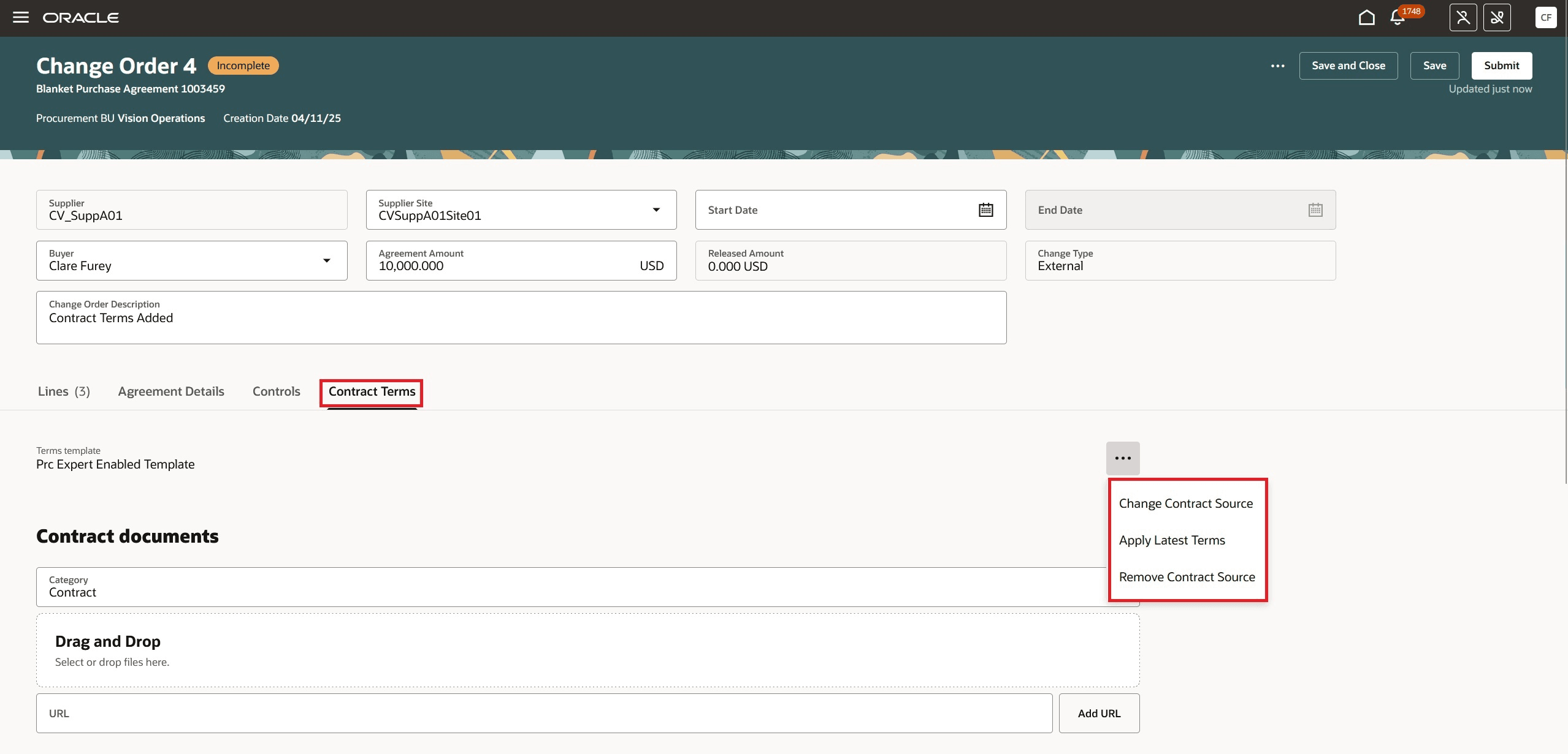 Actions in Contract Terms on Purchase Agreement Change Order Page