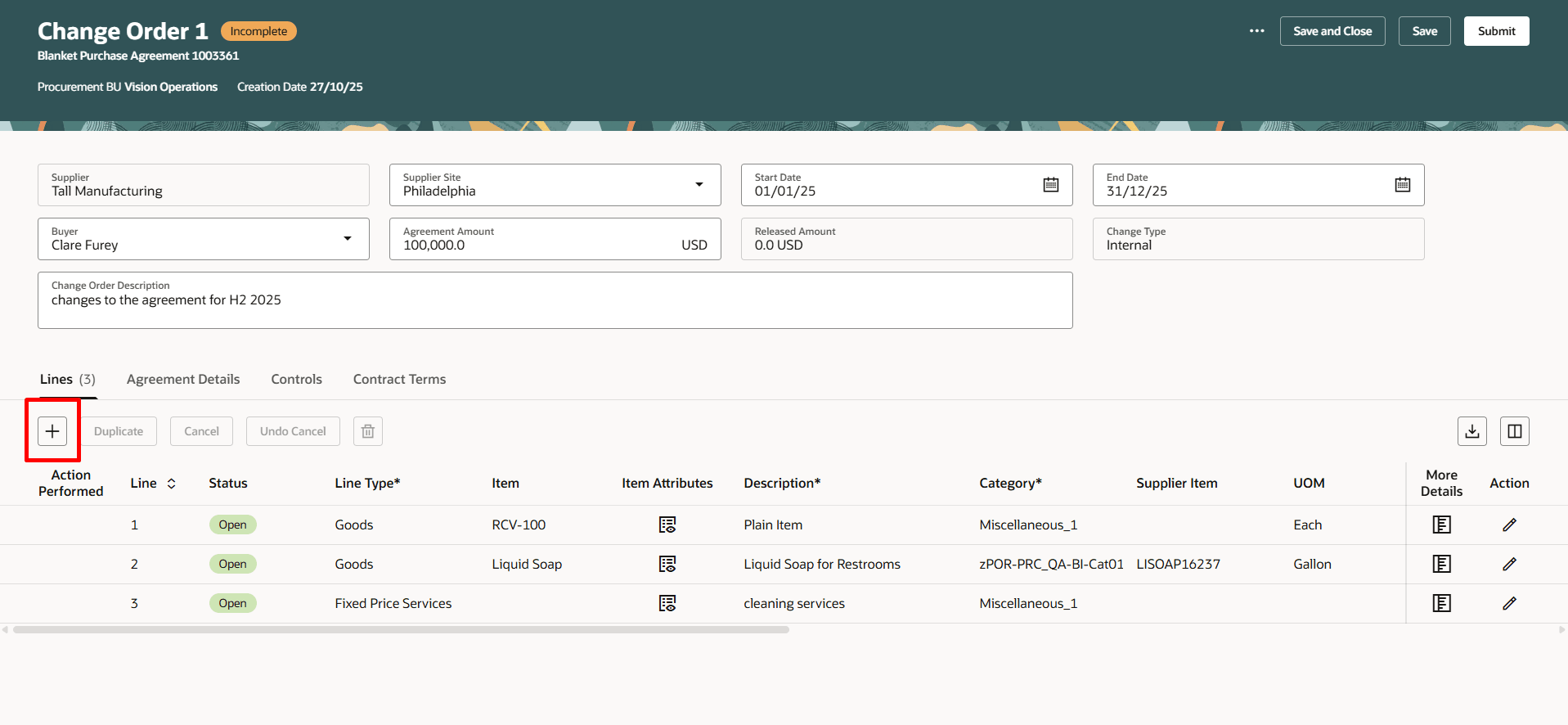 Add New Line to Blanket Purchase Agreement Change Order Using Add Icon