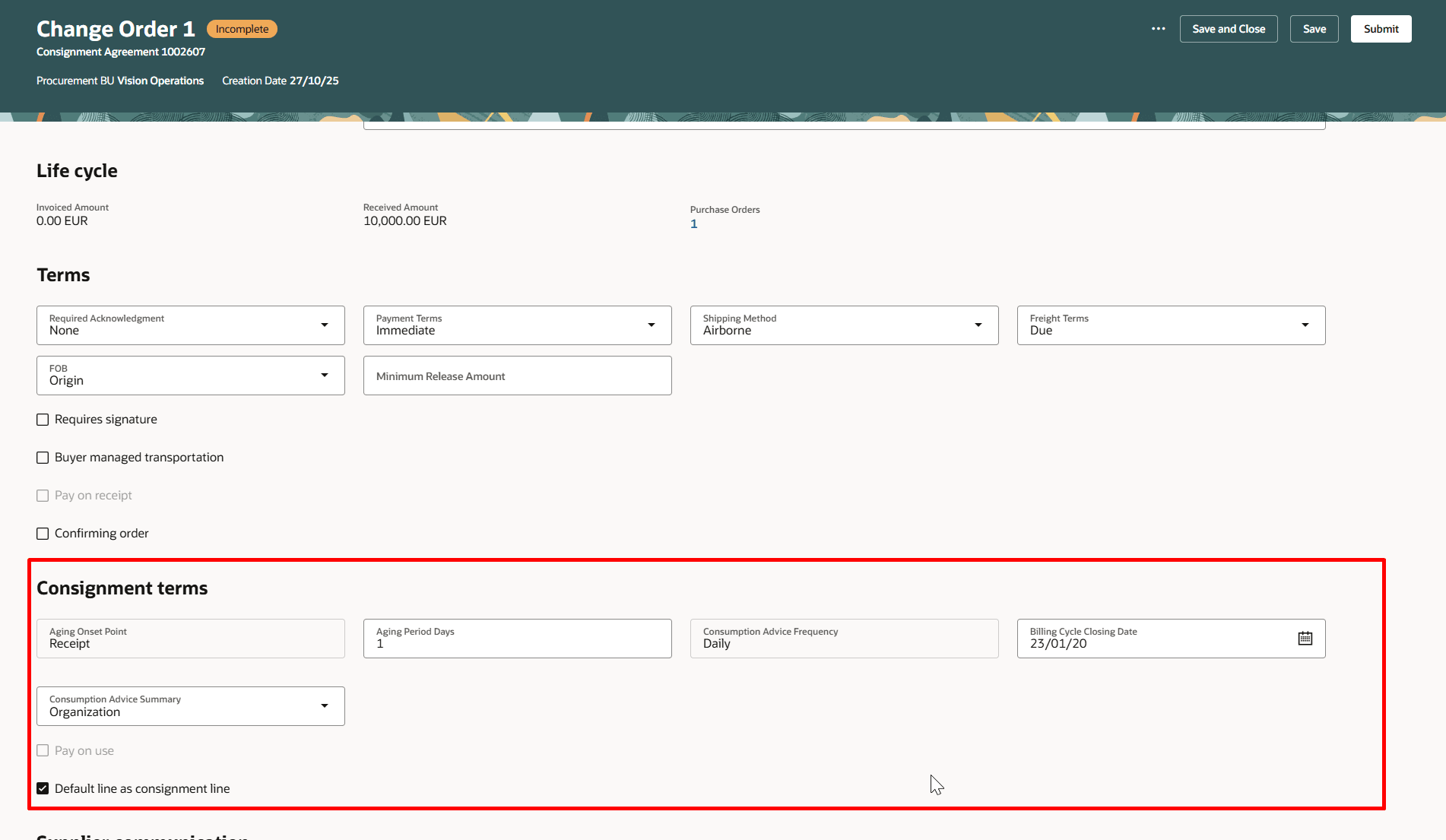 Use Consignment Terms in Agreement Details in Change Order