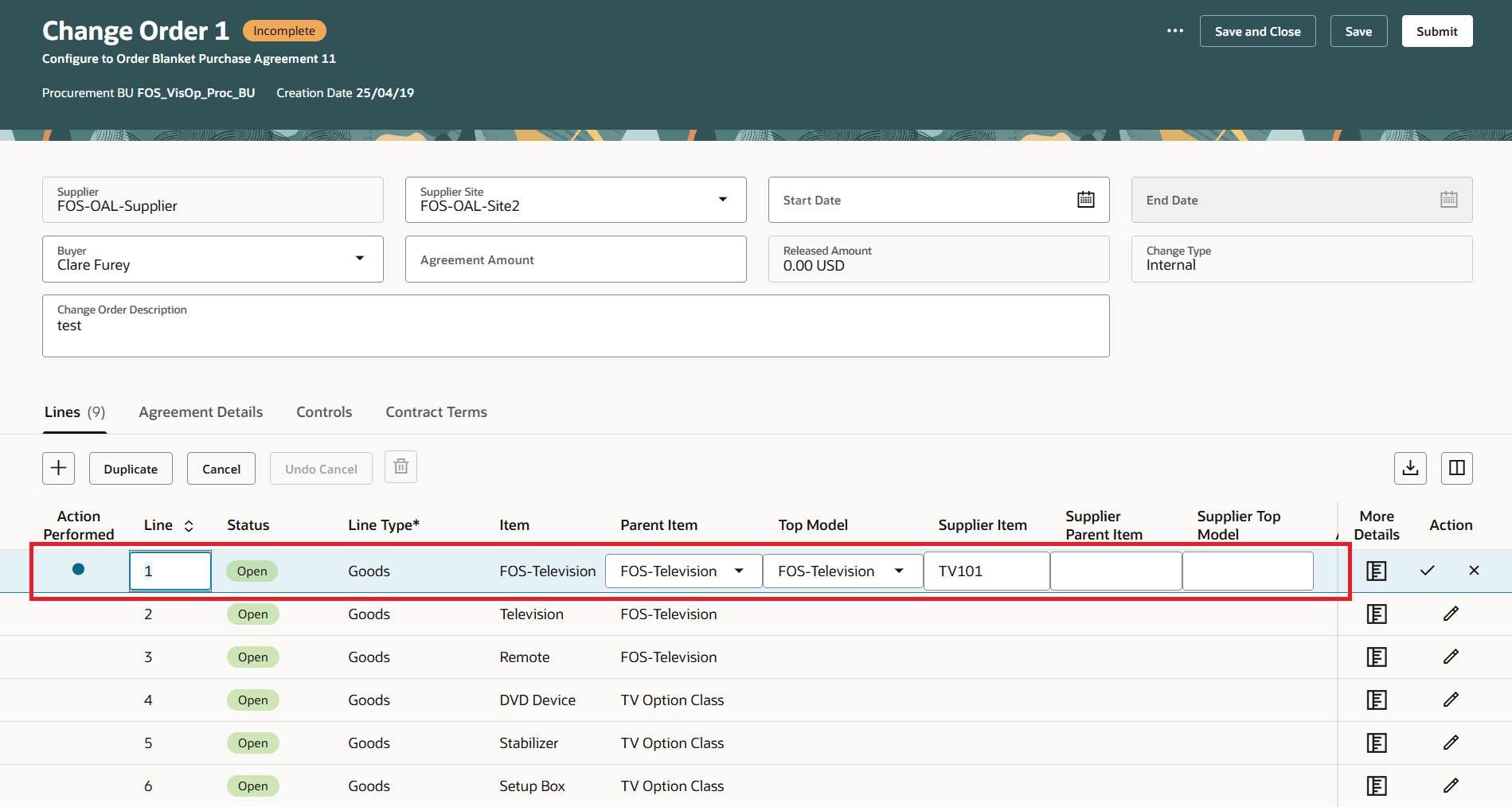 Update Parent Item and Top Model to Specify Attributes for Configure to Order Agreements on the Change Order