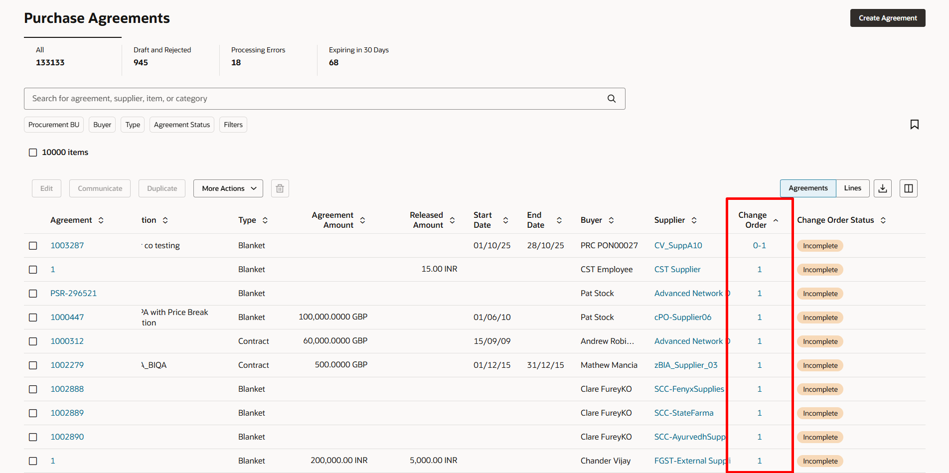Navigate to Purchase Agreement  Change Order by Clicking on the Change Order Hyperlink