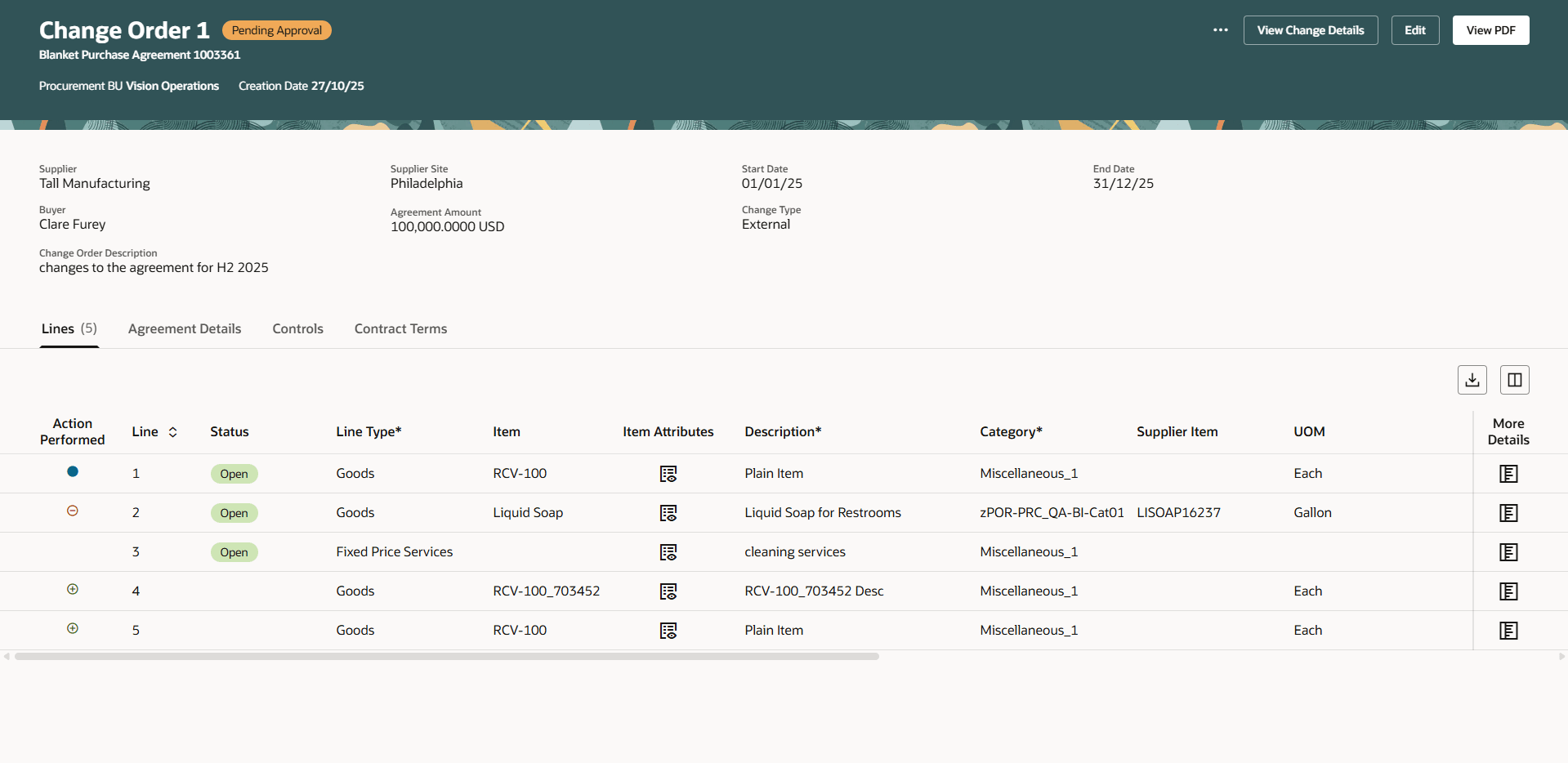 Purchase Agreement Header and Line Details on the View Change Order Page 