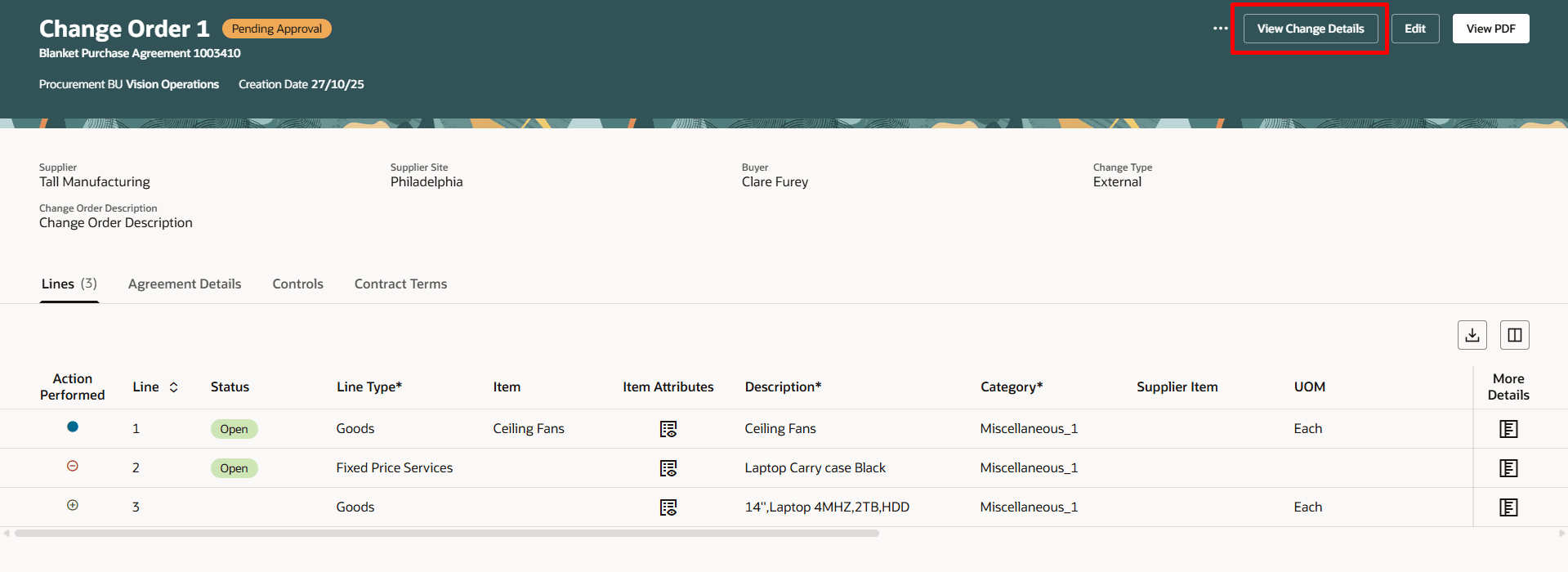 Use View Change Details Action to View Changes in Change Order