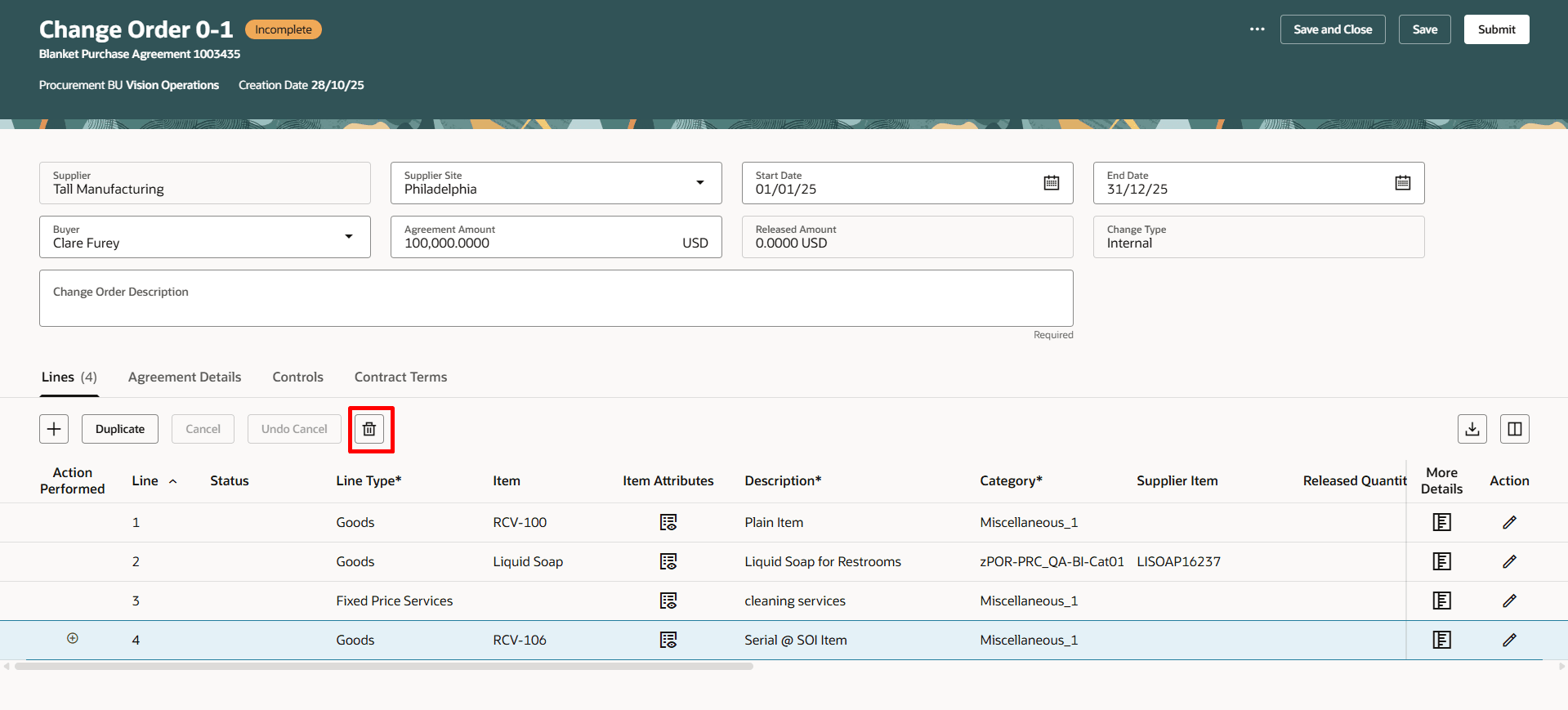 Delete Button on Blanket Purchase Agreement Change Order