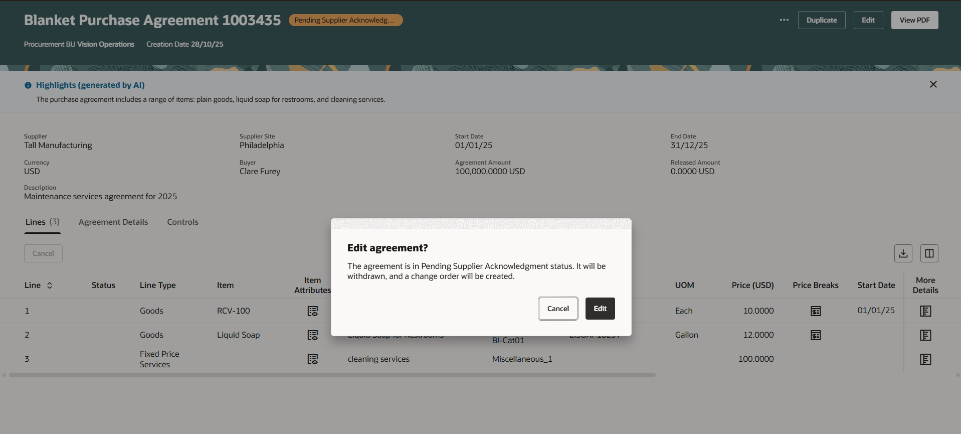 Dialog Message When You Edit a Purchase Agreement in Pending Supplier Acknowledgement Status