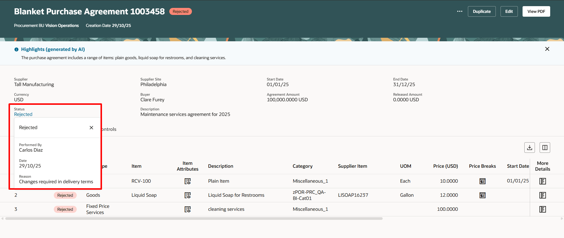 Use the Status Hyperlink to View the Rejection Comments for a Rejected Purchase Agreement