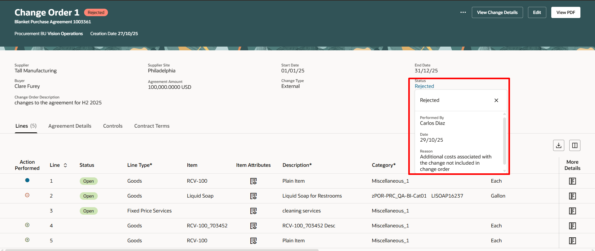 Use the Status Hyperlink to View the Rejection Comments for a Rejected Change Order