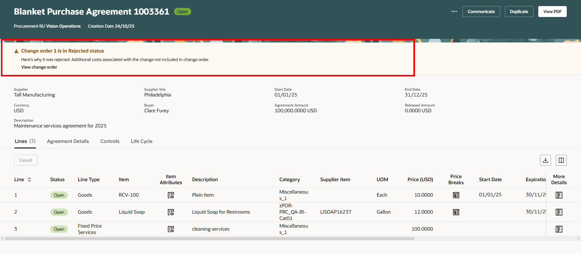 Change Order Banner Showing the Rejection Reason for a Change Order 