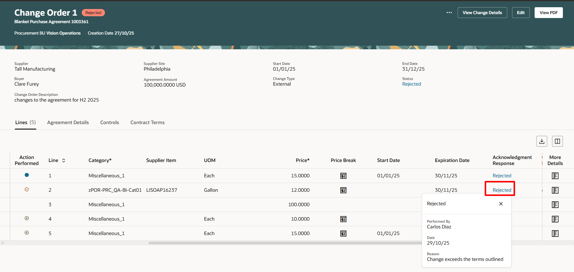 Use the Acknowledgement Response Hyperlink to View the Supplier Comments for a Rejected Change Order Line