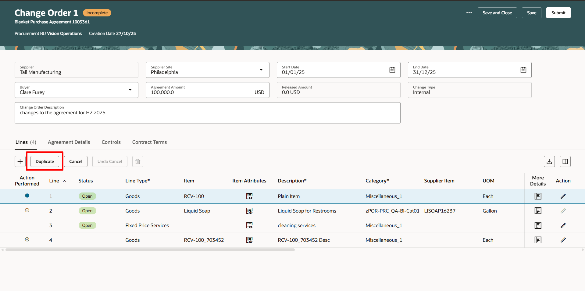 Duplicate Button on Blanket Purchase Agreement Change Order