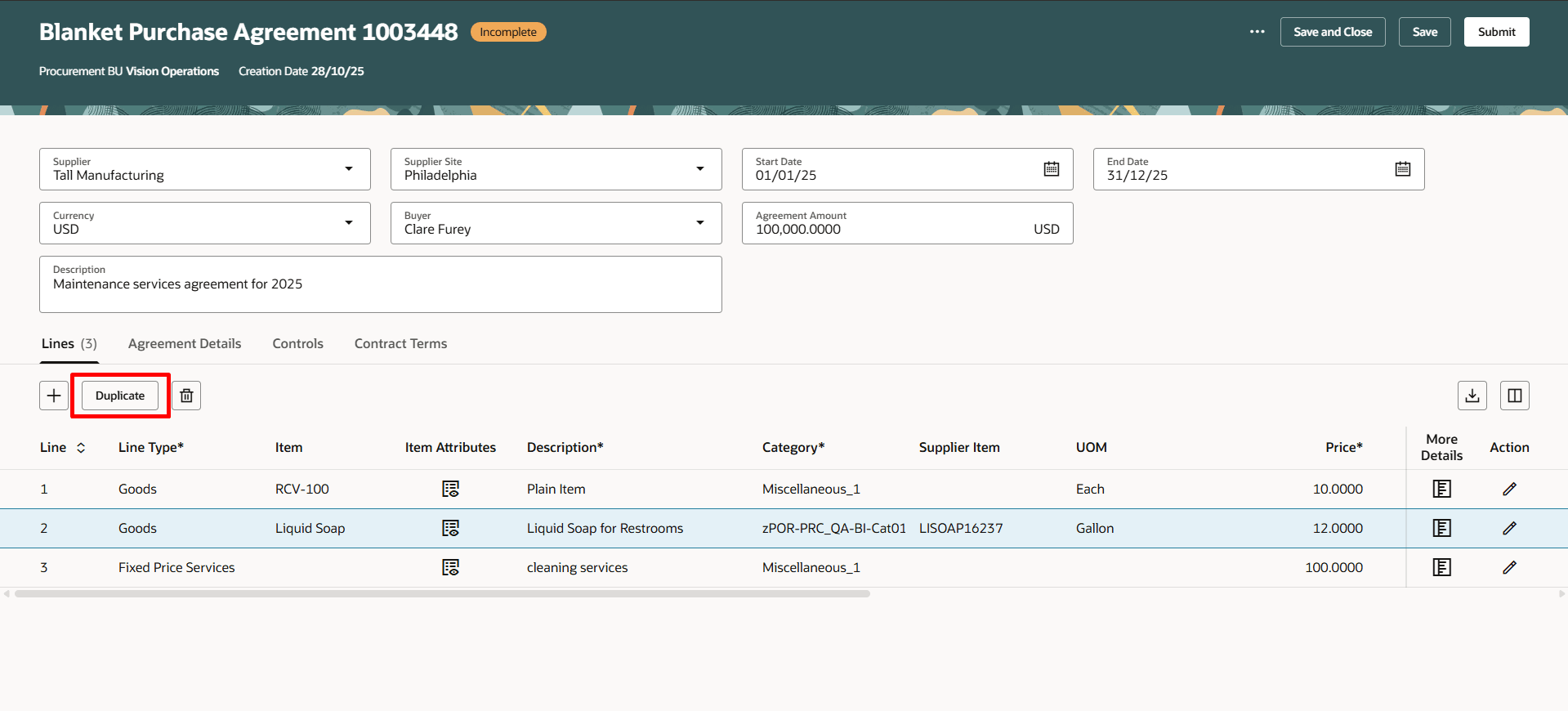 Duplicate Button on Incomplete Blanket Purchase Agreement