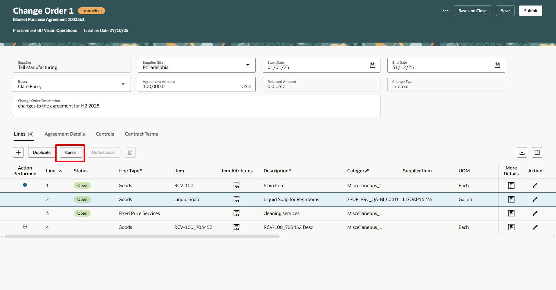 Use Cancel Action to Mark the Change Order Line For Cancelation