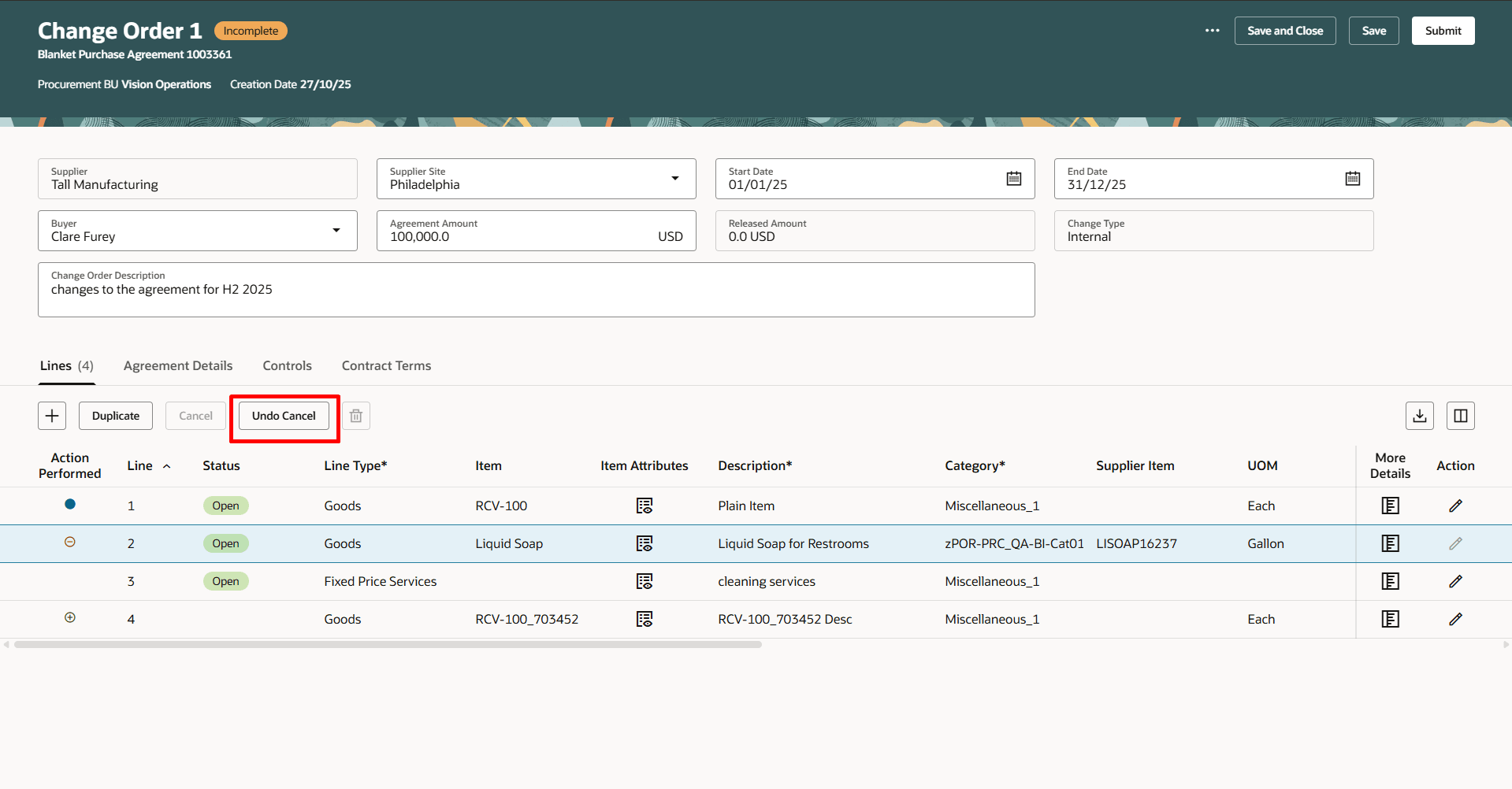 Use the Undo Cancel Button to Revert Change Order Line
