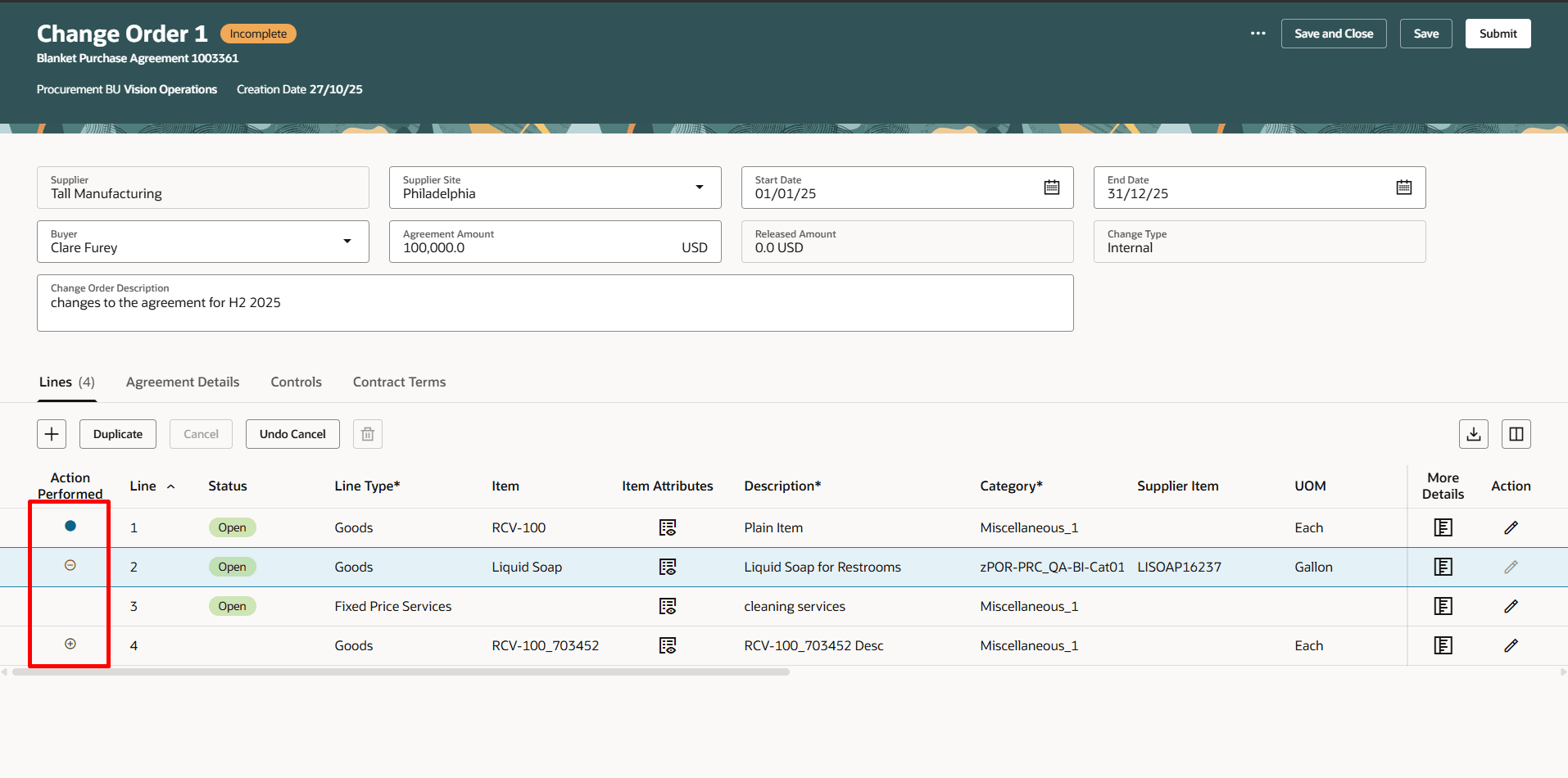 Action Performed Icons in the Change Order Lines Section
