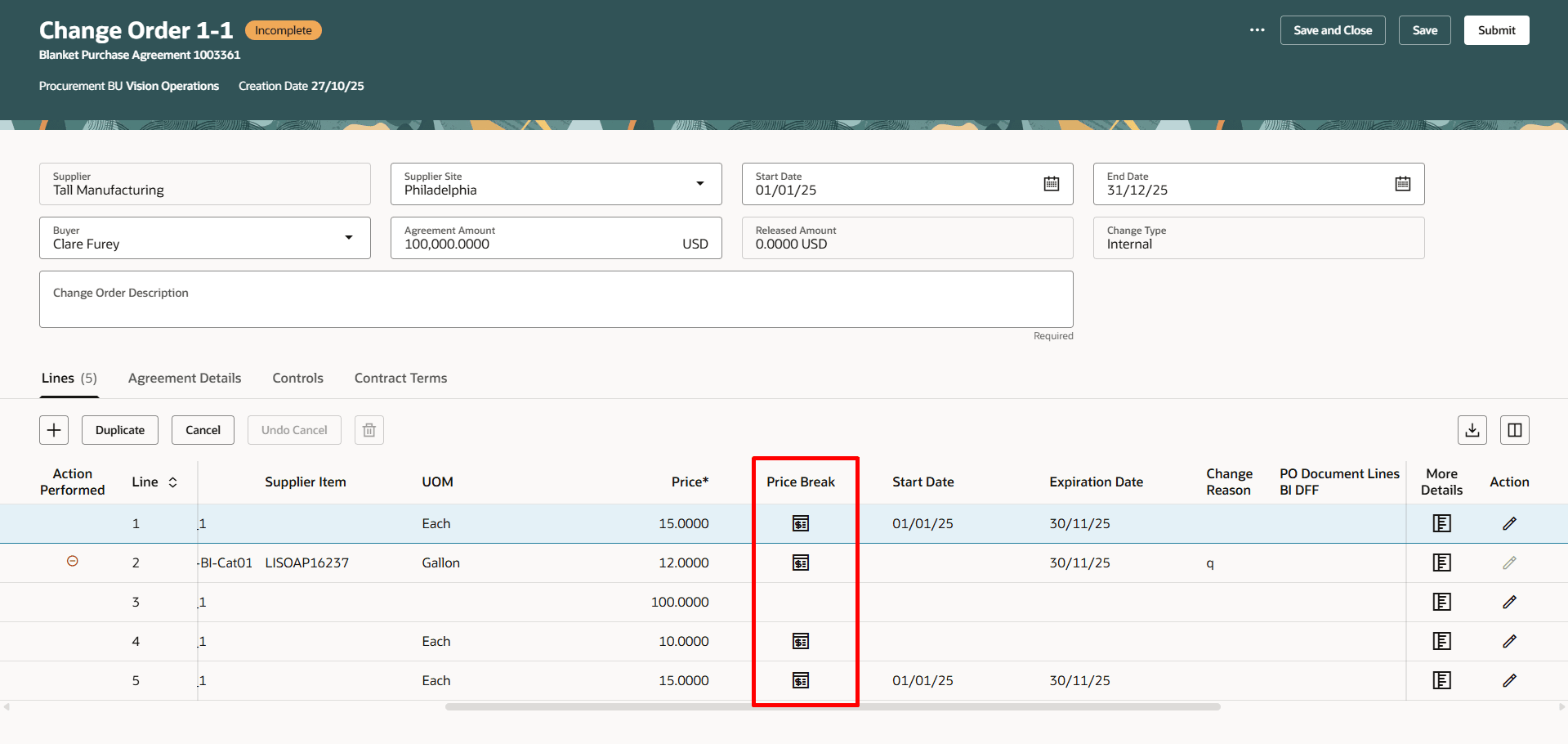 Use the Icon to Open the Price Break for Change Order Lines