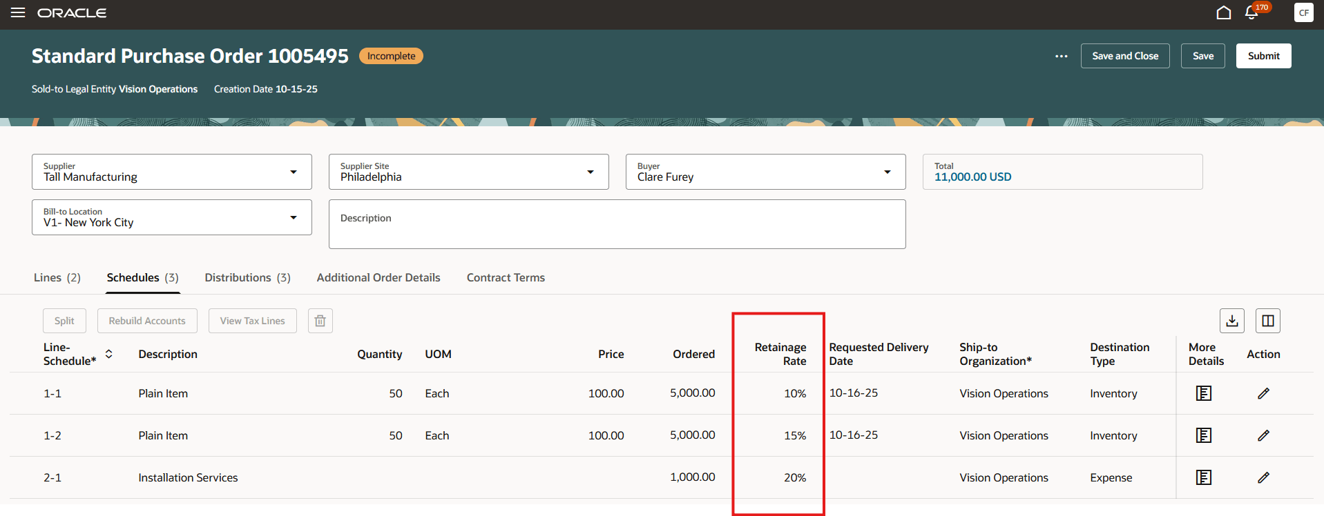 Enter Different Retainage Rates for Purchase Order Schedules
