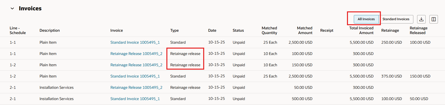 Retainage Release Invoice Included in All Invoices Context Filter on the Invoices Table
