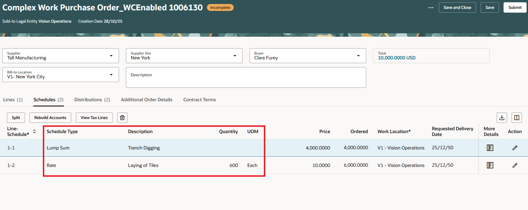 Edit Complex Work Purchase Order with Rate and Lumpsum Schedules