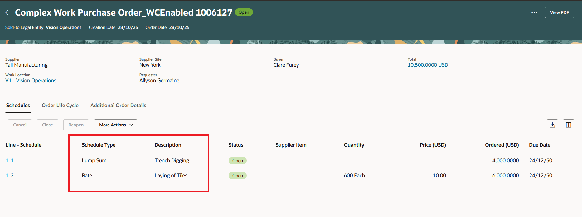 View Complex Work Purchase Order with Rate and Lumpsum Schedules