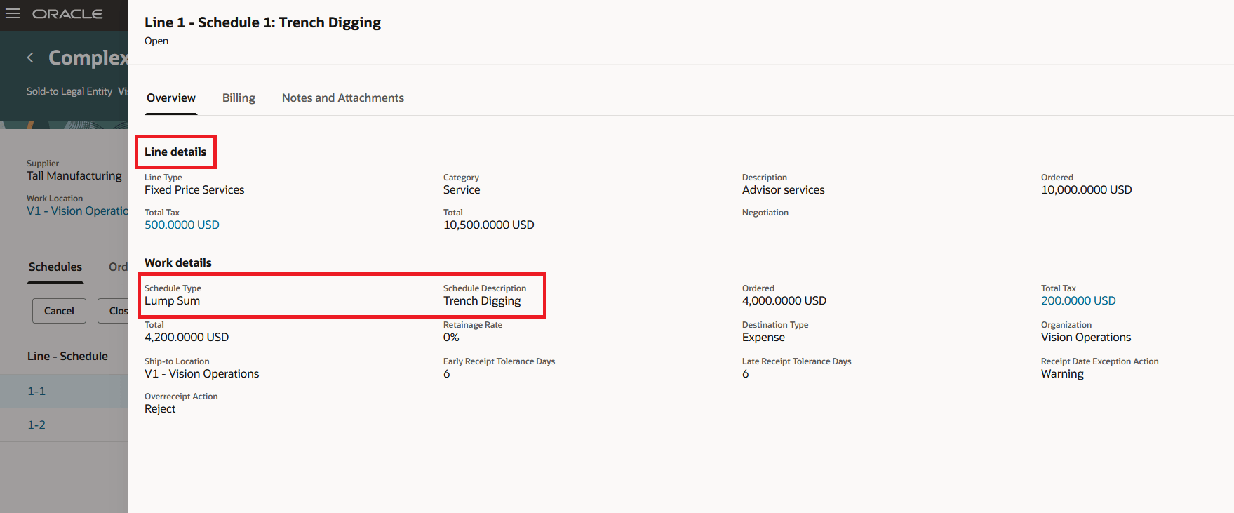 Line Details and Schedule Details of a Lumpsum Schedule