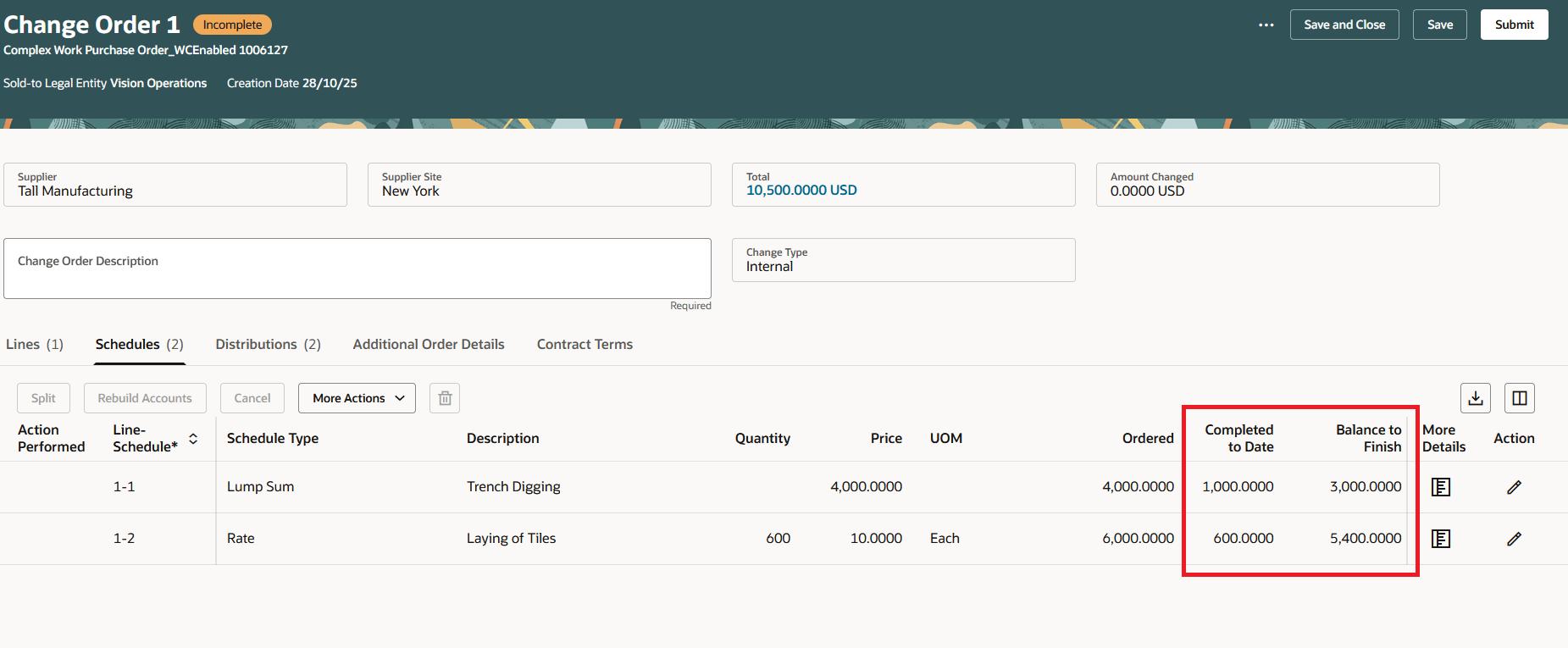 Review Completed to Date and Balance to Finish When Updating an Approved Purchase Order