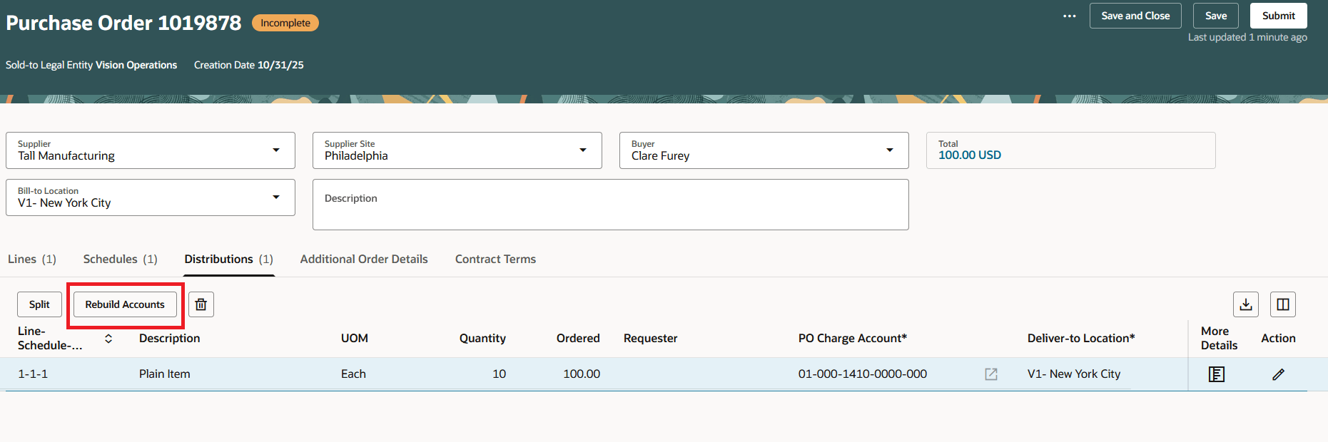 Rebuild Accounts Action on Purchase Order Distribution