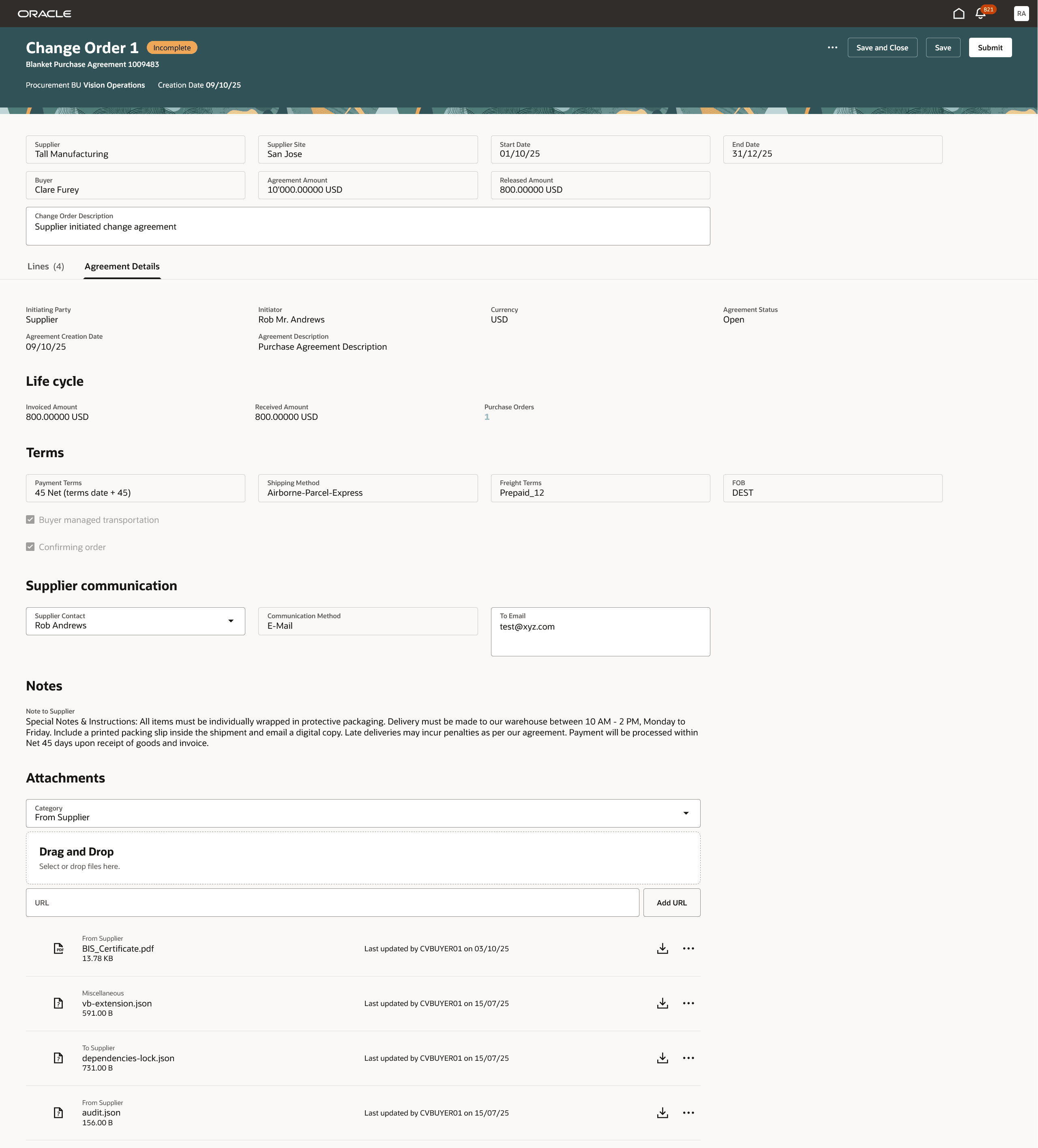 Edit Change Order Header Attributes by Navigating to the Agreement Details Tab